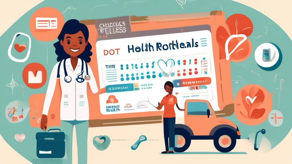 DALL-E prompt: An image of a happy commercial truck driver holding a DOT health card, with various icons and symbols around them representing health and wellness (like a heart, stethoscope, and checkmark). In the background, there is a calendar with the renewal dates highlighted, and a map showing various locations for DOT health card renewals. The overall theme should focus on maintaining health, staying compliant, and job security.