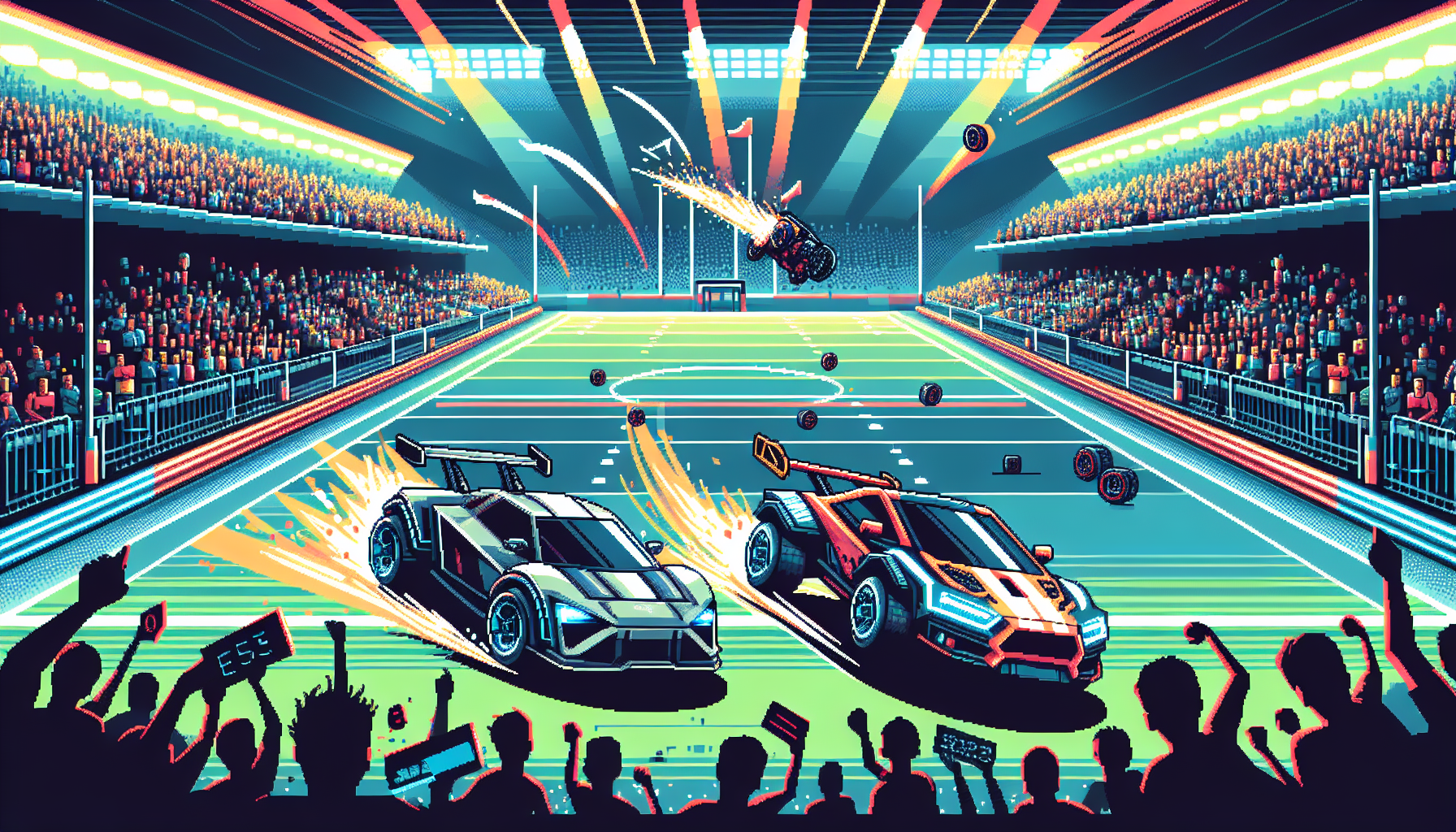 Create an image presenting the intensity and excitement of major Rocket League tournaments. The image should show detailed action scenes from tournaments like the Rocket League Championship Series and Rocket League Summit. Highlight elements such as a massive cheering crowd, professional players in focus, and vibrant, dynamic in-game moments featuring notable cars like Octane and Dominus executing thrilling aerial maneuvers. Ensure the image captures the importance and influence of these tournaments with elements like on-screen scoreboards, team logos, and dramatic lighting. Include highlights and memorable moments from past events to evoke a sense of nostalgia and excitement.