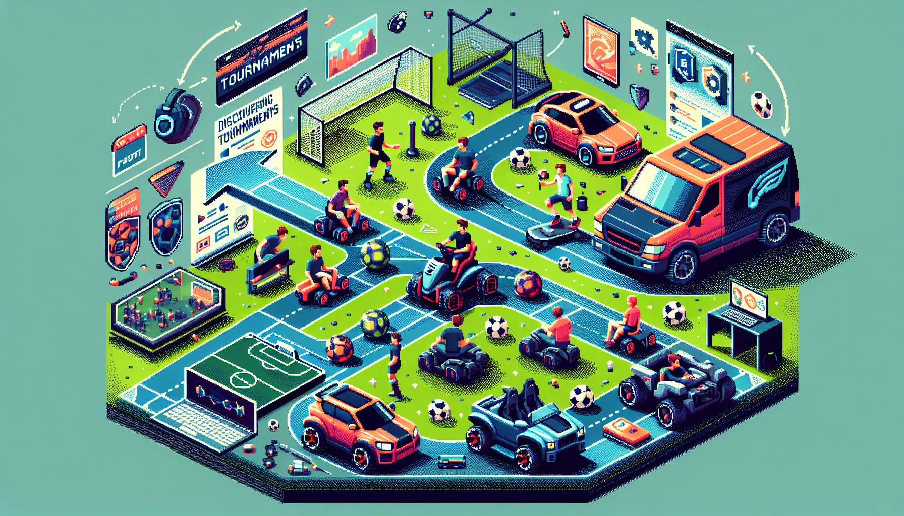 Create an image showcasing a dynamic Rocket League scene with players immersed in gameplay, highlighting a seamless transition from casual play to competitive tournaments. Depict a step-by-step roadmap overlay, illustrating the journey from finding tournaments on online platforms and community forums to participating in high-stakes competitive matches. Include visual elements like laptops, controllers, and Rocket League branding to emphasize the accessible and engaging nature of getting involved in Rocket League tournaments.