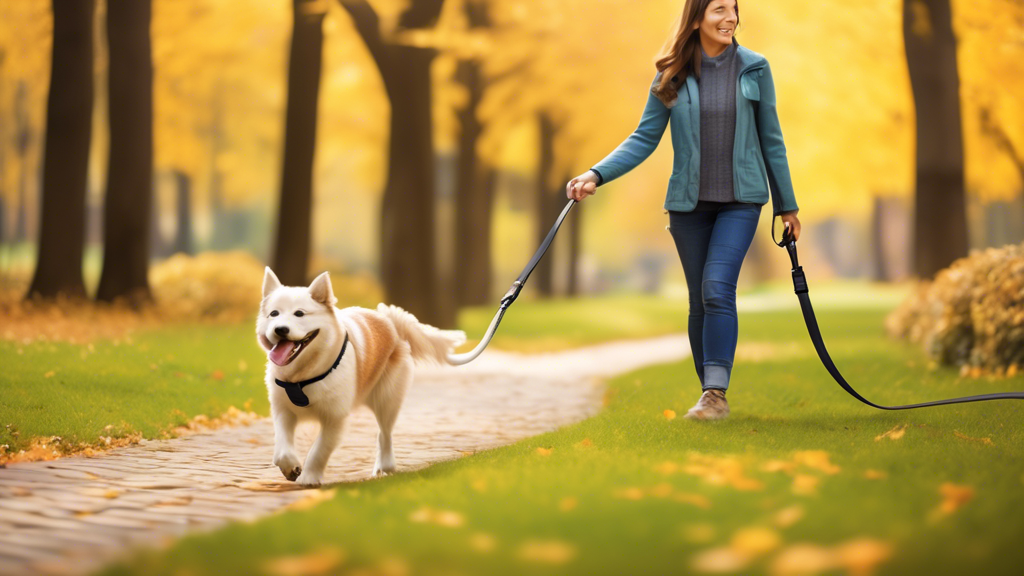 Create an image that illustrates the benefits of using a retractable leash, showcasing a happy dog enjoying the extended freedom and space during a walk in a lush park. The dog owner, holding the leash handle with an integrated safety lock, appears relaxed, highlighting improved control and safety features. Nearby, different walking environments such as open fields, wooded trails, and sidewalks are visible, demonstrating the leash