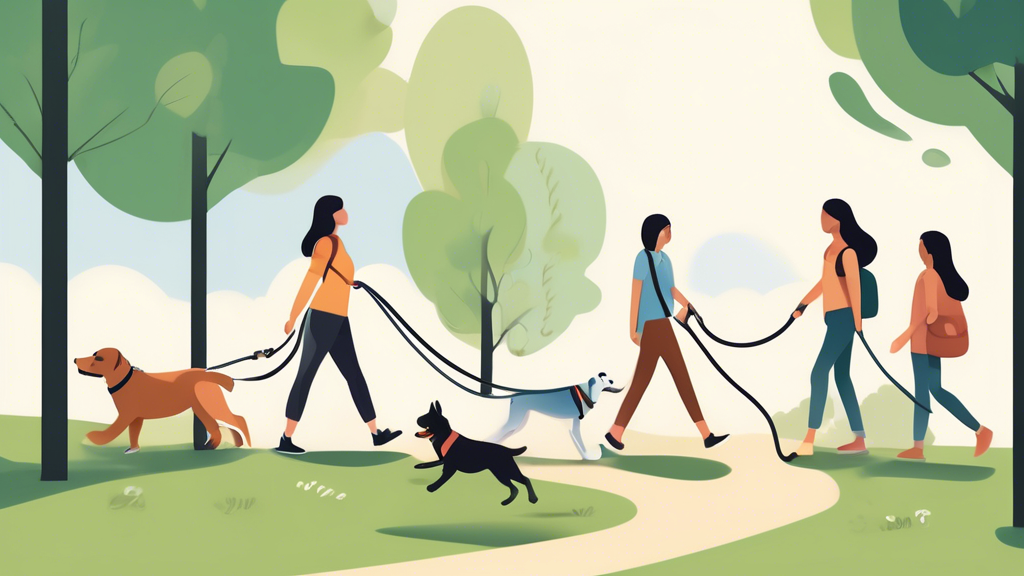 Create an image that showcases a variety of practical scenarios where a retractable leash is particularly effective. The image should be split into sections, each illustrating a different use case:
- A pet owner safely navigating a crowded park with their dog using a retractable leash
- A dog exploring an open field with the extended reach of the leash
- A pet owner easily reeling in their dog to avoid an obstacle on a hiking trail
- A training session with a pet, utilizing the leash to maintain control while giving the dog space
The central focus of the image should highlight the best practices for safe and responsible use of a retractable leash, showing clear, step-by-step guidelines.