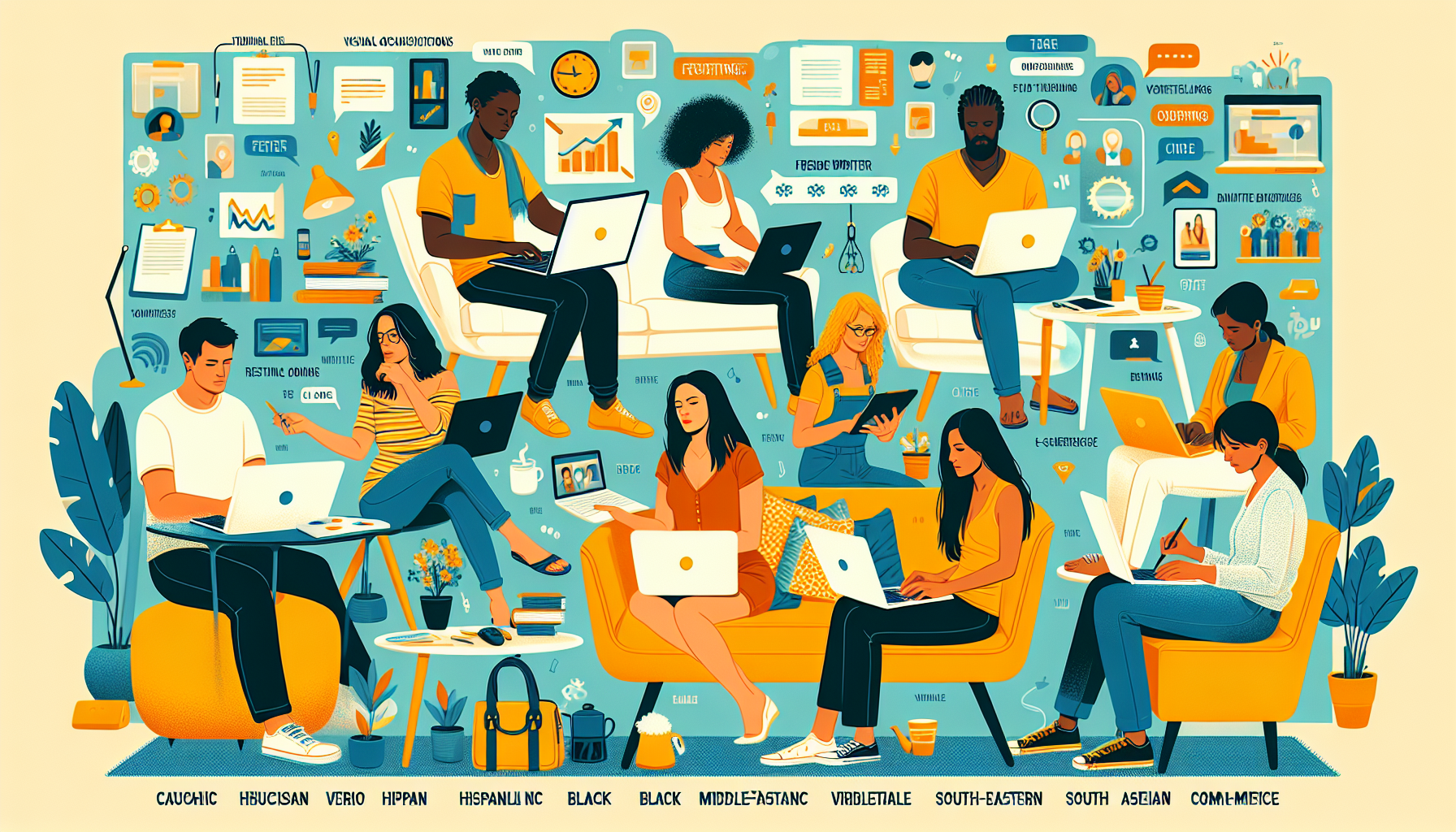 Create an image that depicts a diverse group of people engaged in various remote side hustles. Show them in a cozy home environment, using laptops, tablets, and other digital tools. Include representations of activities such as freelance writing, online tutoring, virtual assistant work, ecommerce, and graphic design. Add visual elements like charts, success stories, and notes of key requirements and initial steps, to illustrate the journey and accessibility of starting these side hustles from home.