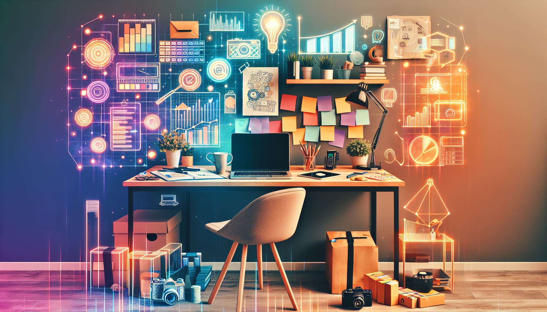 Create an image that depicts a cozy home office setup, with a laptop on a clean desk featuring productivity tools like planners, sticky notes, and a cup of coffee. The scene includes visual elements representing various side hustles, such as sketches of ideas, a camera hinting at content creation, and a package ready to be shipped indicating e-commerce. Overlay with light, floating text or icons showing time management techniques, growth charts, and other symbols of success and resourcefulness. Title the image, Maximizing Your Earnings: Tips and Tools for Success With Home-Based Side Hustles.