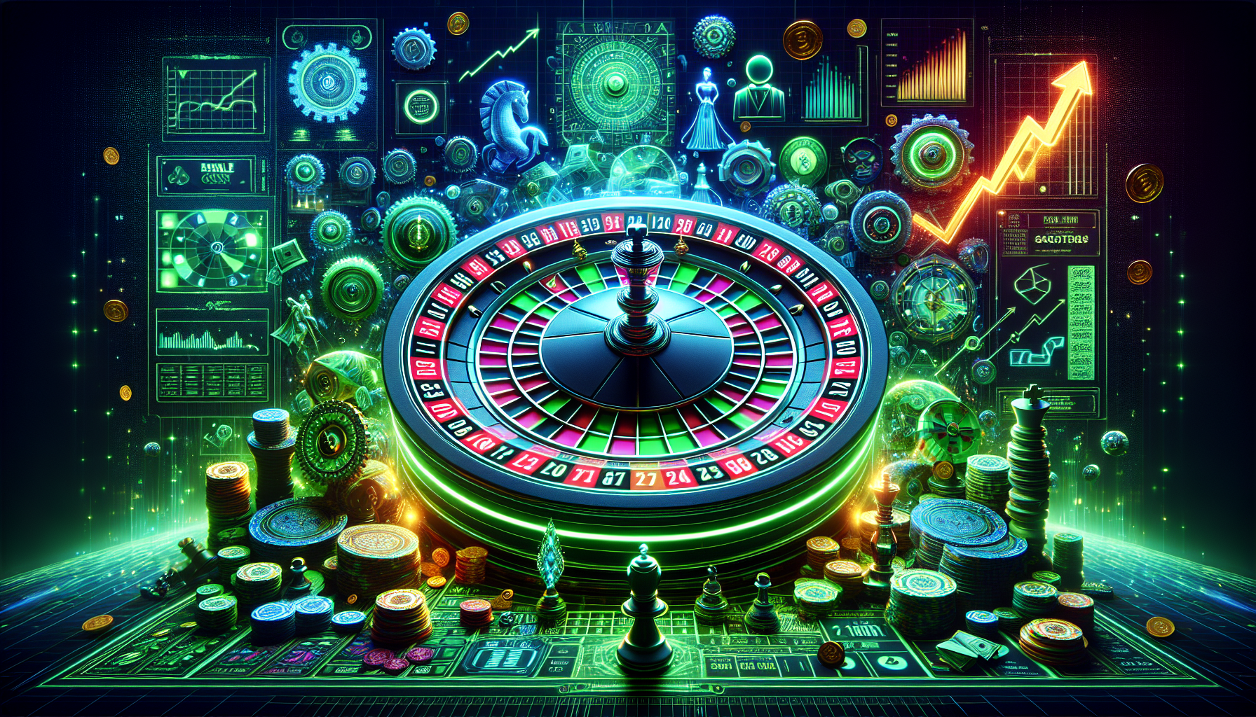 Create an image of a digital roulette wheel labeled CSGORoll Triple Green, highlighting the green segments prominently. Surround the wheel with various symbols of strategies and tactics, such as chess pieces, gears, and graphs, indicating strategic planning. In the background, subtly include abstract representations of success stories, like rising graphs, gold coins, and celebratory figures. Make the scene vibrant and dynamic, reflecting the excitement and calculated approaches players use to improve their chances of winning.