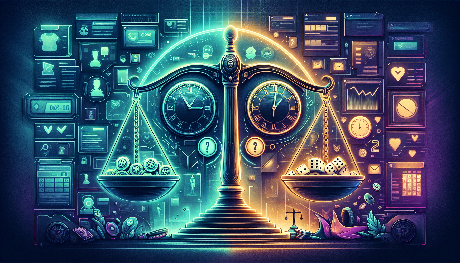 Create an image that visually explores the concept of managing risks and responsibilities while playing CSGORoll Triple Green. The scene should feature a balance scale with coins and a clock on one side, and a pair of dice on the other. Surrounding the scale, include visual cues for responsible gambling like a calendar, reminder notes, and safety checklist symbols. The backdrop should subtly reference the aesthetic of online gaming, with light overlays of gaming elements such as triple green icons, game interface components, and faint silhouettes of characters in action poses. Highlight the keyword CSGORoll Triple Green in stylized text, subtly integrated into the image in a way that ties all elements together.