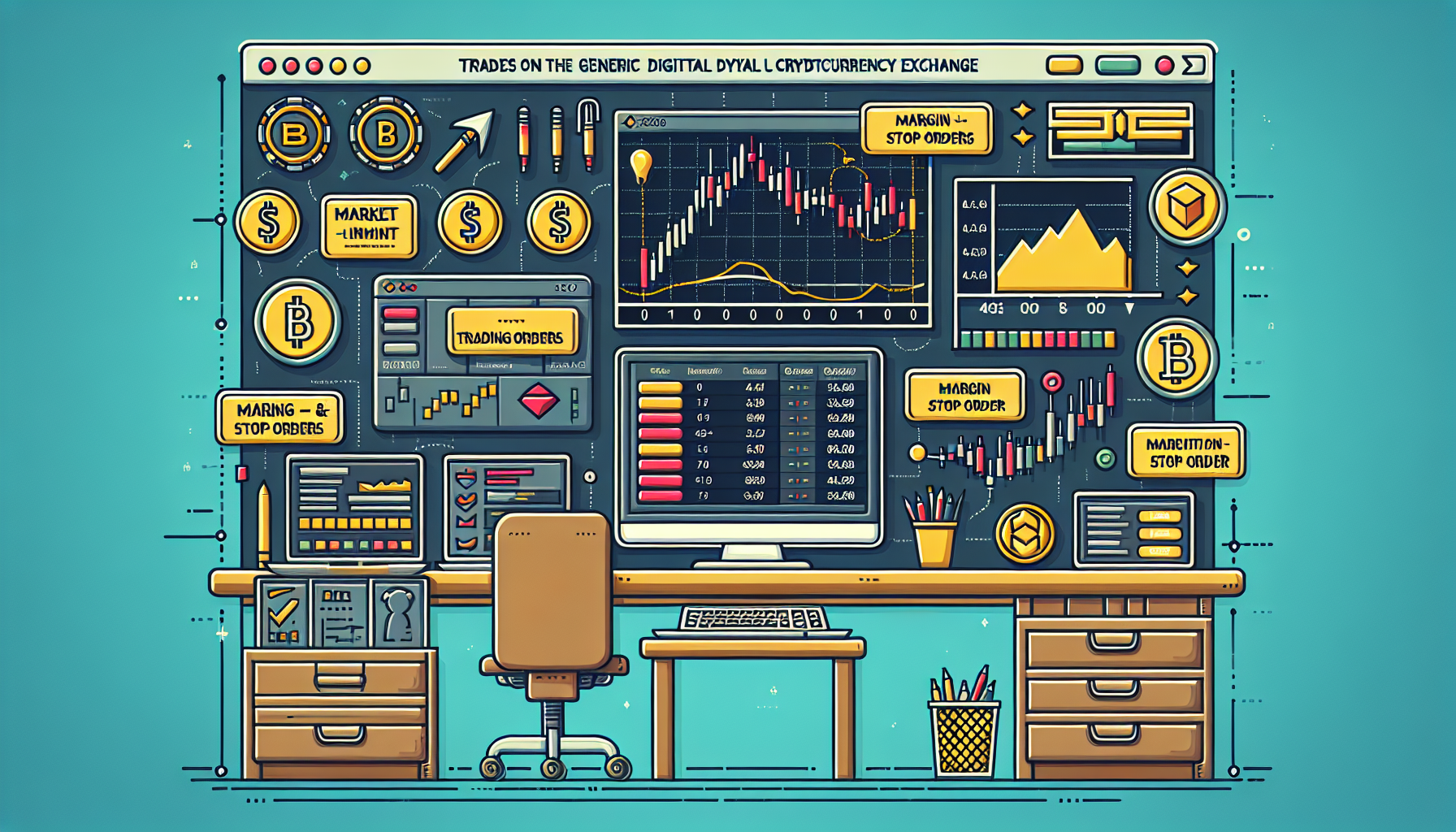 Create an image illustrating the essential features and tools for trading on Binance. The image should include a detailed dashboard view with key trader tools, a representation of different types of orders (market, limit, stop), and visual cues indicating margin and futures trading. Use a modern, user-friendly design with a clear layout and labels in both Russian and English to emphasize the functionality and versatility of the Binance platform for traders.