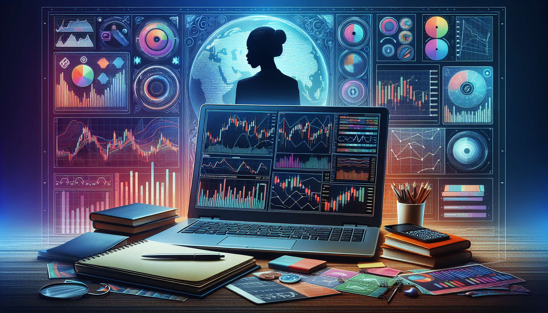 Prompt: A detailed and visually engaging scene showing a laptop displaying a Binance trading dashboard, with various charts and indicators visible on the screen. Surrounding the laptop are books and notebooks labeled ‘Technical Analysis’, ‘Fundamental Analysis’, and ‘Trading Strategies’, symbolizing the education of a trader. In the background, a trader is seen making notes and referring to these resources. The setting has a professional yet accessible feel, emphasizing the importance of education and strategy in successful Binance trading.