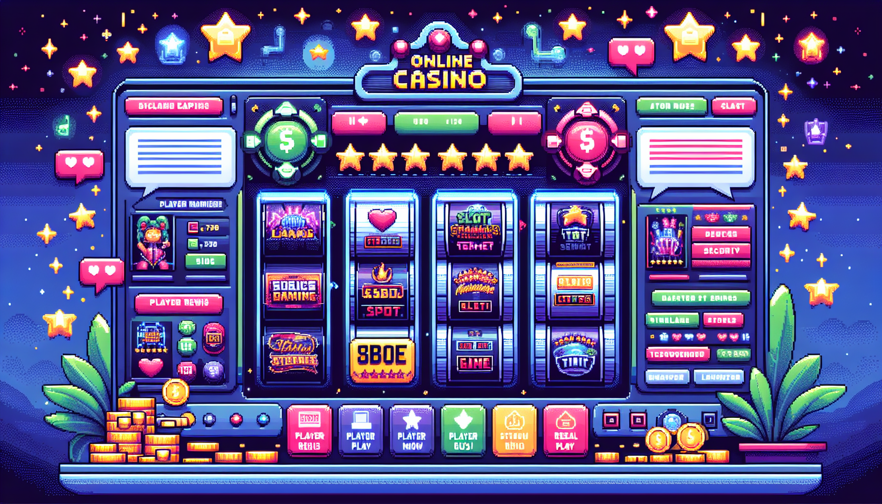 Create an image of a modern, vibrant online casino interface featuring a variety of slot games on the screen. Display logos and banners of top online casinos, highlighting their trustworthiness with badges of licensing and security. Include player reviews and ratings visually presented as stars and brief testimonials. The background should reflect a lively casino atmosphere with subtle elements indicating real money play, such as coins or cash symbols.