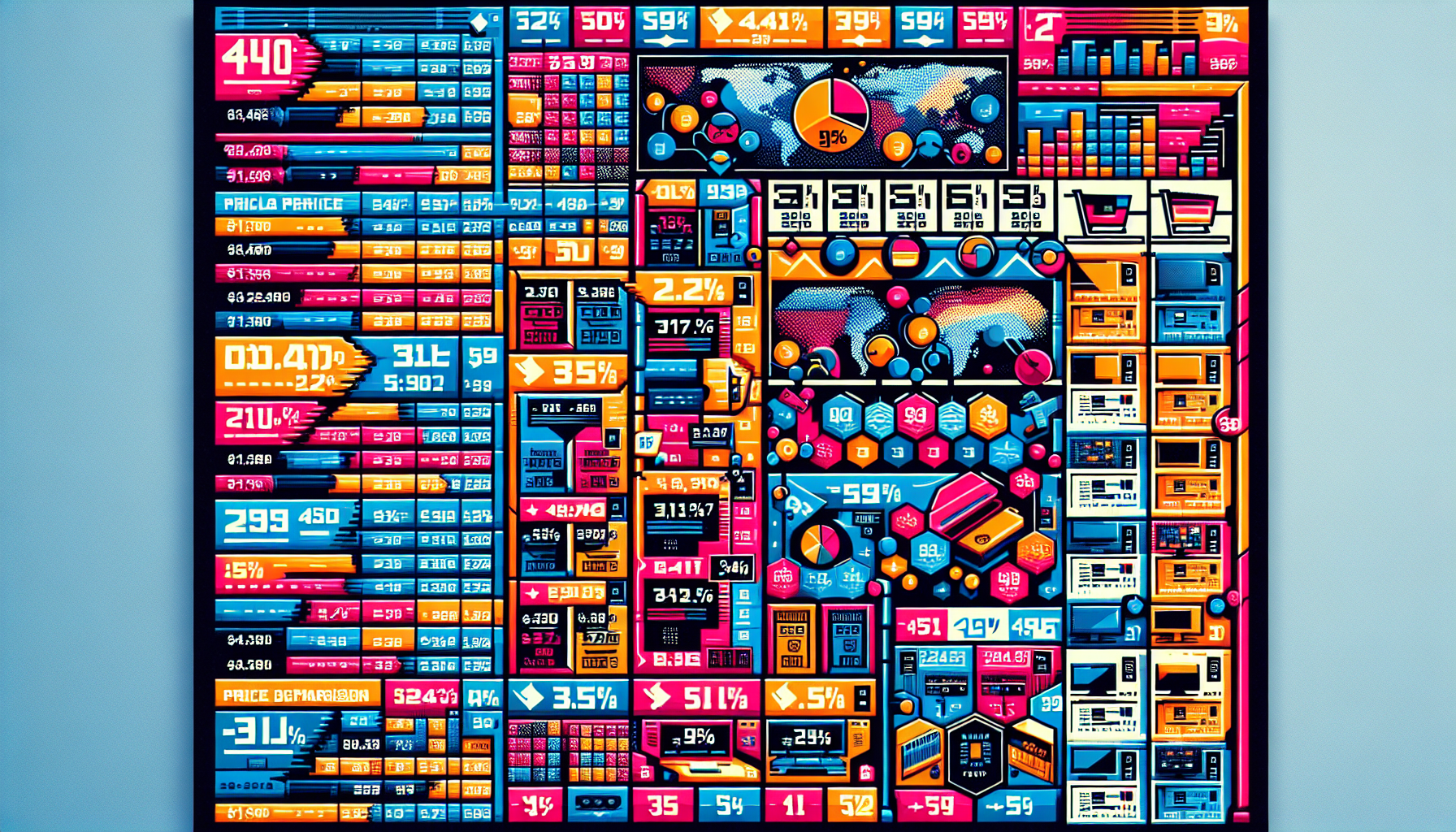 Create an image that visually compares the prices of the PS4 Pro across various retailers. The image should showcase side-by-side comparisons between online stores like Amazon and eBay, and brick-and-mortar stores like Best Buy and Walmart. Include tags or labels illustrating special deals, discounts, and international price differences. The background should have subtle elements representing online and physical stores such as shopping carts, store logos, and global maps to highlight regional price differences. Ensure the image is informative, modern, and engaging with a clear focus on price comparison for the PS4 Pro.