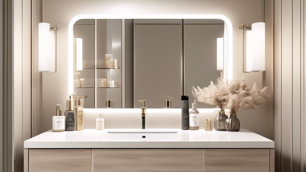 Create an image of a stylish and modern bathroom vanity featuring an array of hair care products specifically designed for maintaining ash blond foils. Include elegant shampoo, conditioner, and leave-in treatments, all labeled clearly for ash blond hair. The backdrop of the vanity should have a well-lit mirror and a light, serene color palette, suggesting a calm, luxurious environment for self-care.