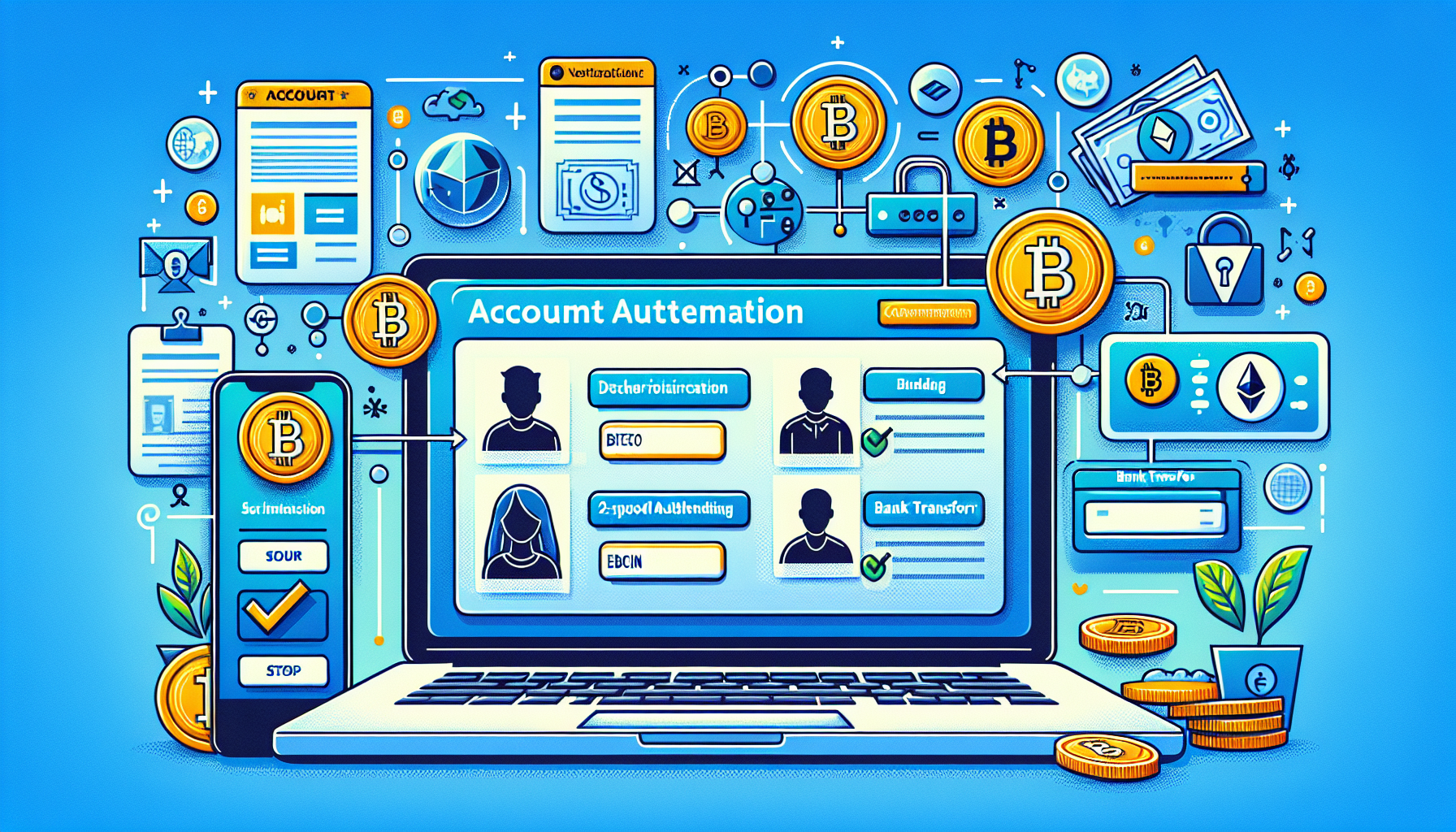 Create an image that depicts a clear and straightforward process of setting up a Binance account for cryptocurrency trading. The image should include elements such as a laptop displaying the Binance website with steps showing account creation, verification via ID documents, and enabling two-factor authentication. Additionally, incorporate visual representations of different funding methods like a bank transfer icon, and cryptocurrency icons like Bitcoin or Ethereum. Use a clean, modern style with vibrant colors that match Binance