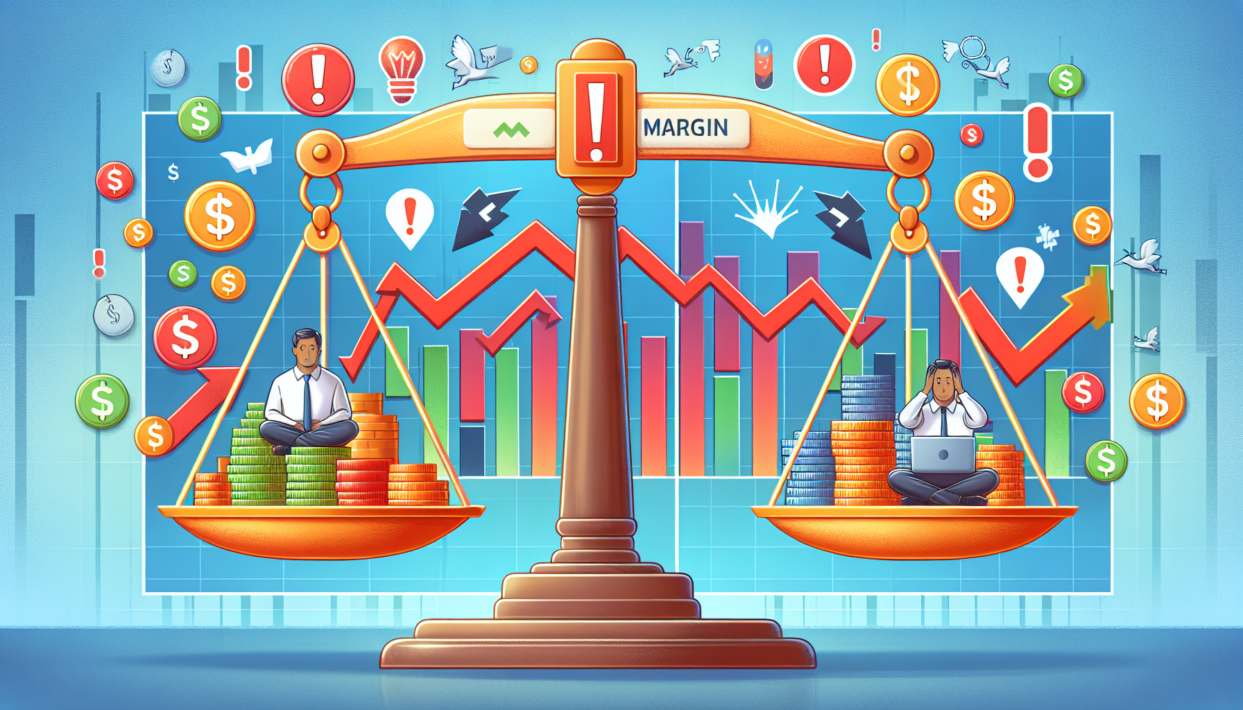 Create an image that illustrates the Benefits and Risks of Using E*TRADE Margin Accounts. The image should depict a balanced scale, with one side showing symbols of financial growth and opportunity, such as stacks of coins, dollar signs, and arrow graphs indicating upward trends. The other side of the scale should show warning signs, like exclamation marks, red downward arrows, and a stressed trader at his desk. Above the scale, a text banner reads E*TRADE Margin: Weighing the Benefits and Risks. The background should include subtle imagery of a financial chart to set the context.