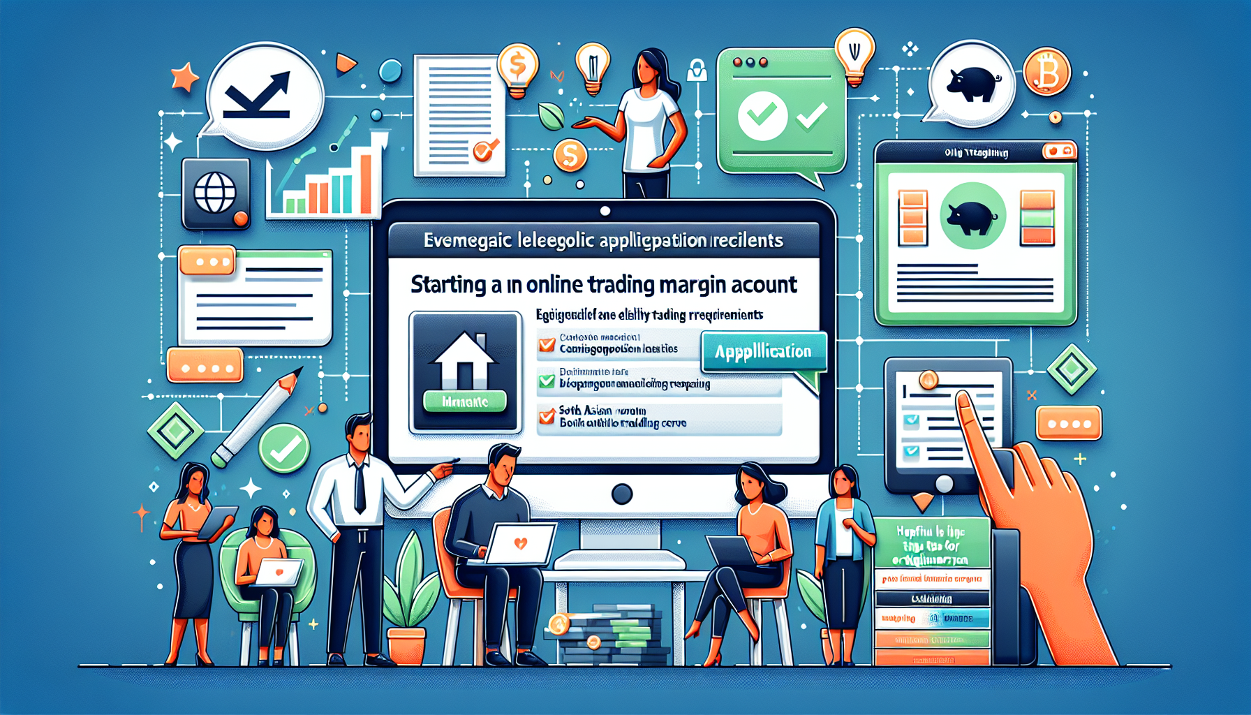 Create a detailed illustration showing the step-by-step process of starting an E*TRADE margin account. Include visuals like a checklist for eligibility requirements, a computer screen with the application process, and icons representing tips for beginners. Show people using resources and tools provided by E*TRADE, ensuring the image is informative and easy to follow.