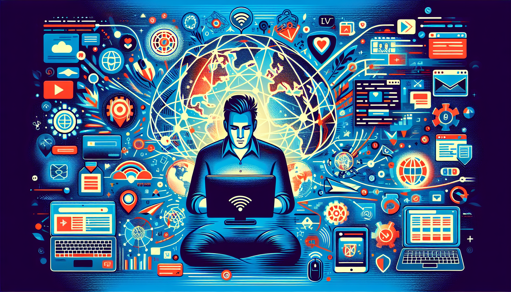 Create a digital illustration showcasing a person accessing a variety of global content from a single device using a VPN online. Depict the individual watching streaming services, visiting websites, and accessing apps that are otherwise restricted or censored in certain regions. Use vibrant colors and visuals of different geographical locations, streaming service logos, and website icons connected through a secure VPN pathway, symbolizing unrestricted access to global content.