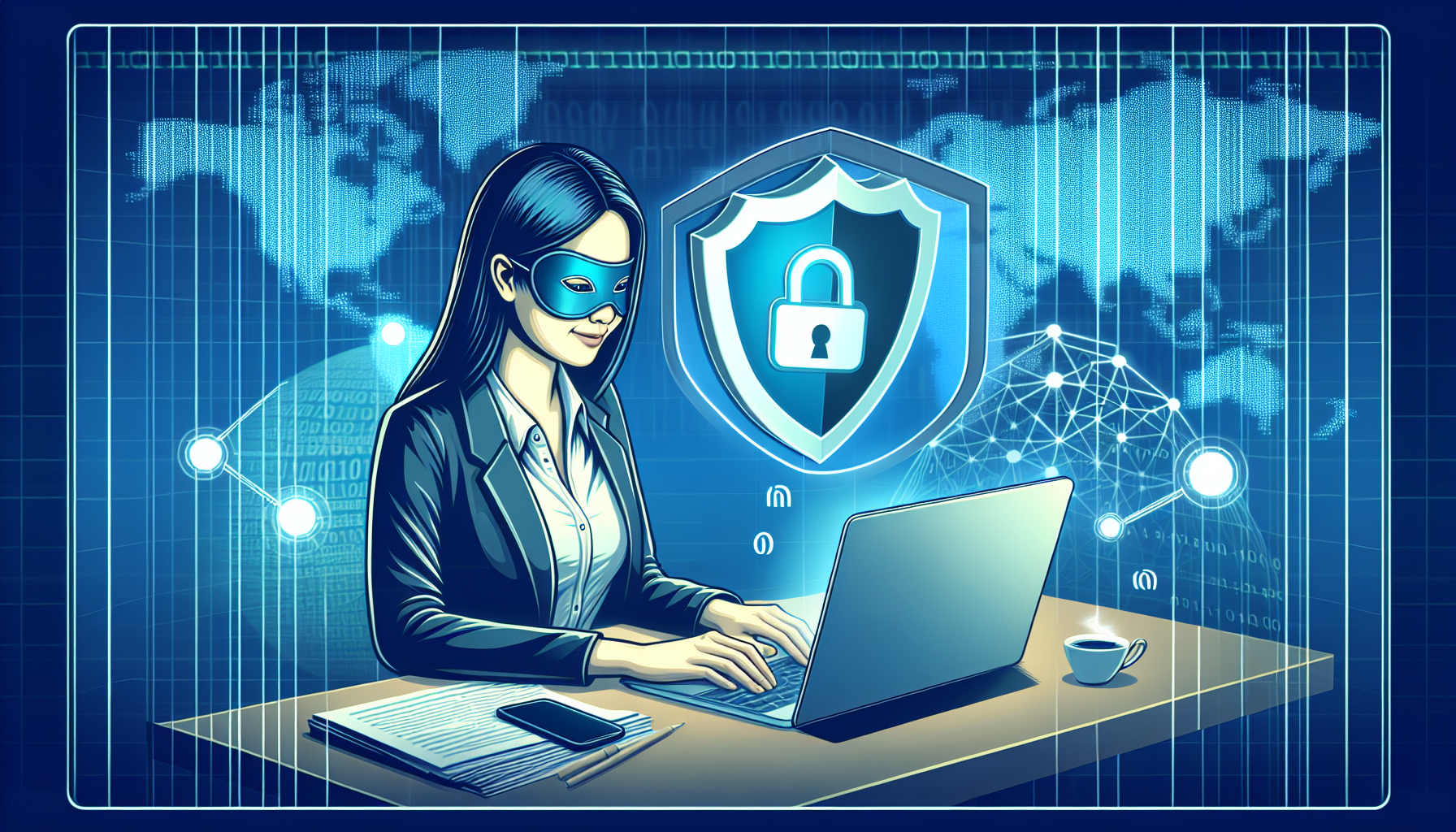 Create a high-quality digital illustration showing a person using their laptop with a VPN online, represented as a shield, to conceal their IP address. The image should reflect enhanced privacy and anonymity, with graphics that include a hidden or masked figure navigating the web freely. The background can depict digital elements like binary code and global networks, emphasizing the user