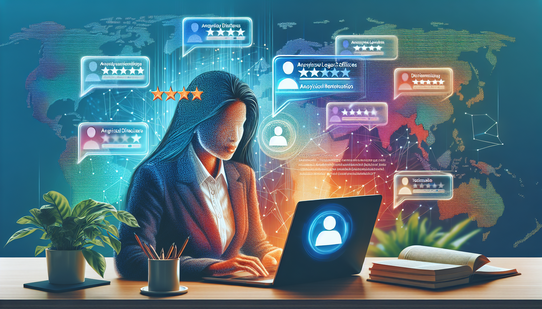An animated digital office scene showing a person researching on a laptop, surrounded by floating review stars and testimonial speech bubbles, with visible open tabs for legal directories and a visible map highlighting local law offices.