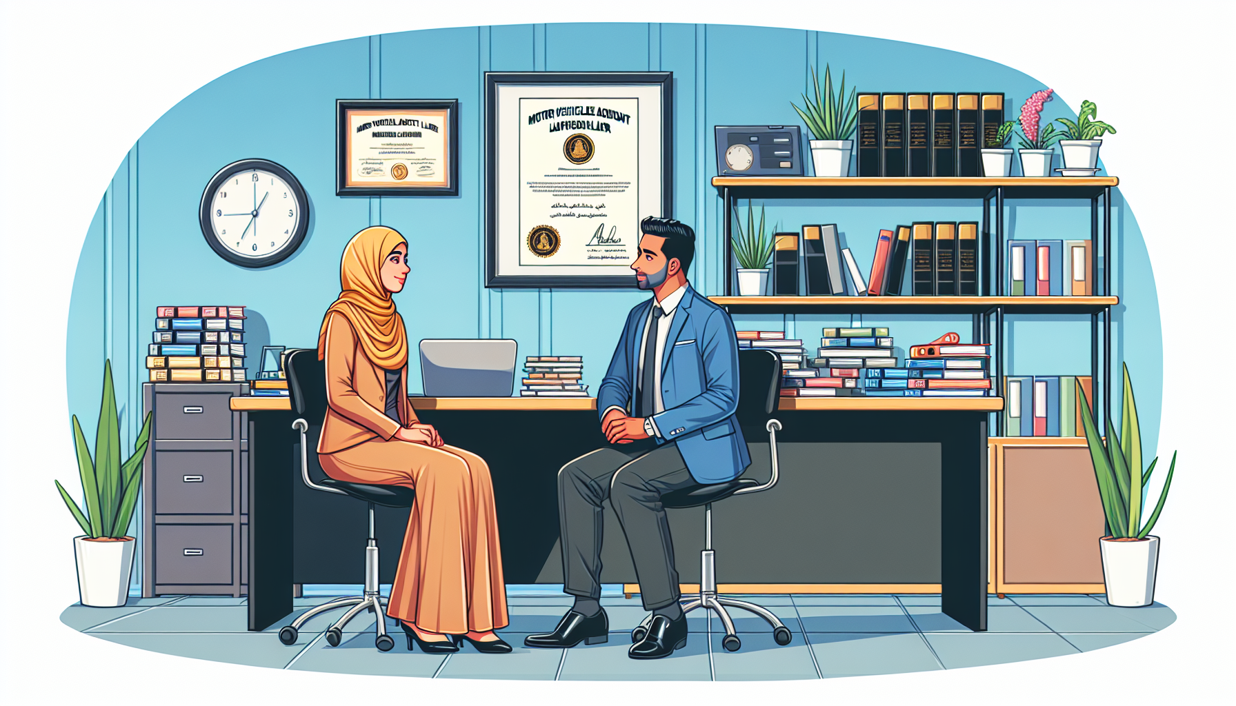 An office setting with a detailed scene: a person meeting a motor vehicle accident lawyer for the first time. Emphasize key elements such as diplomas and legal books indicative of the lawyer’s credentials, along with a friendly yet professional interaction to denote comfort and compatibility during the consultation.