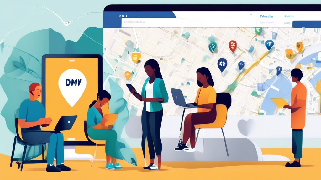 Create an image that shows a diverse group of people using various devices to locate a DMV physical exam location. Some are using their smartphones with map applications, others are browsing laptops or desktops with search results, and a subset is reading reviews and recommendations on tablets. Behind them is a background that subtly features icons representing the elements of online directories, DMV logos, and stars for reviews. The mood should be informative and resourceful.