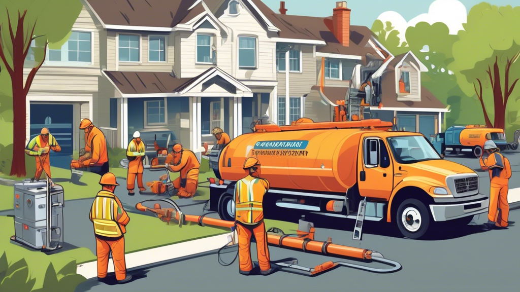 A detailed and vibrant illustration depicting a professional sewer repair team conducting a thorough inspection and diagnosis of a residential sewer line. The scene showcases advanced repair techniques such as trenchless technology, pipe bursting, and lining. Adjacent to this, technicians are seen providing maintenance and post-repair services, ensuring the sewer system is in optimal condition. The background includes equipment trucks with the company
