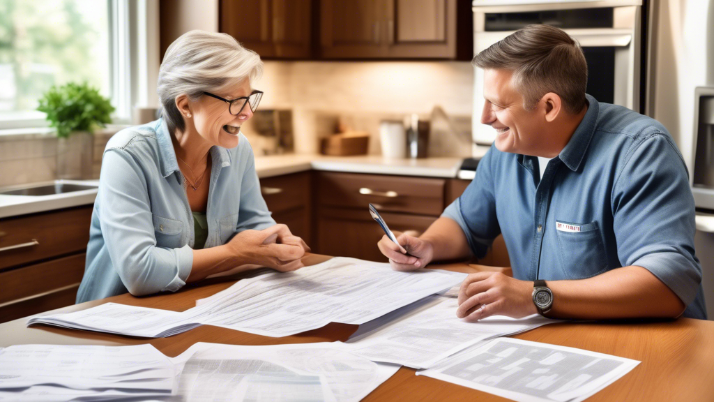 Create an image showcasing a friendly professional talking to a homeowner at their kitchen table. The table is covered with documents, including clear, itemized quotes from several sewer repair companies, displaying transparent pricing with no hidden fees. On the table, there are also pamphlets highlighting warranties and guarantees, emphasizing cost and warranty considerations. The mood is positive and reassuring, reflecting a careful decision-making process for choosing the best sewer repair service.