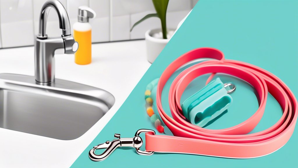 Create an image showcasing a vibrant and clean BioThane dog leash hanging next to a sink, with easy-to-follow cleaning instructions displayed. The leash looks new and hygienic, emphasizing the benefits of easy maintenance and cleanliness. Incorporate elements like a soft brush, mild soap, and water to illustrate the simple cleaning process.