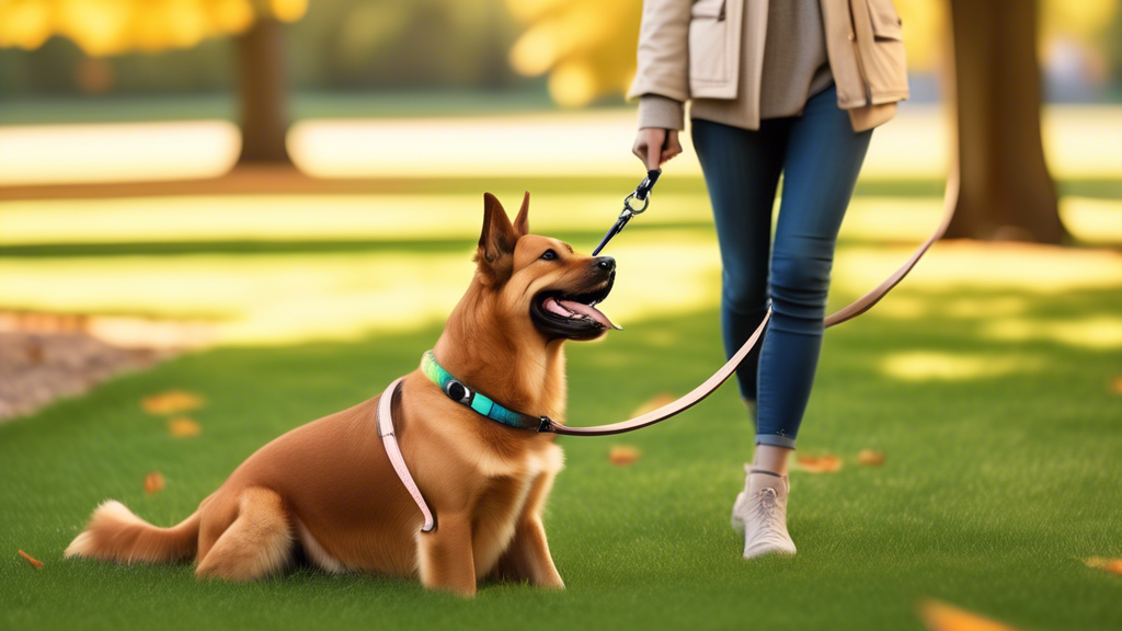 Create an image focusing on a vibrant, sunny park scene where a dog owner is comfortably holding an ergonomically designed BioThane leash. The leash should be depicted as smooth and sleek, demonstrating enhanced control and security. Show close-up details that highlight the dog’s comfort, especially around the collar area, emphasizing that the leash material is gentle on the dog