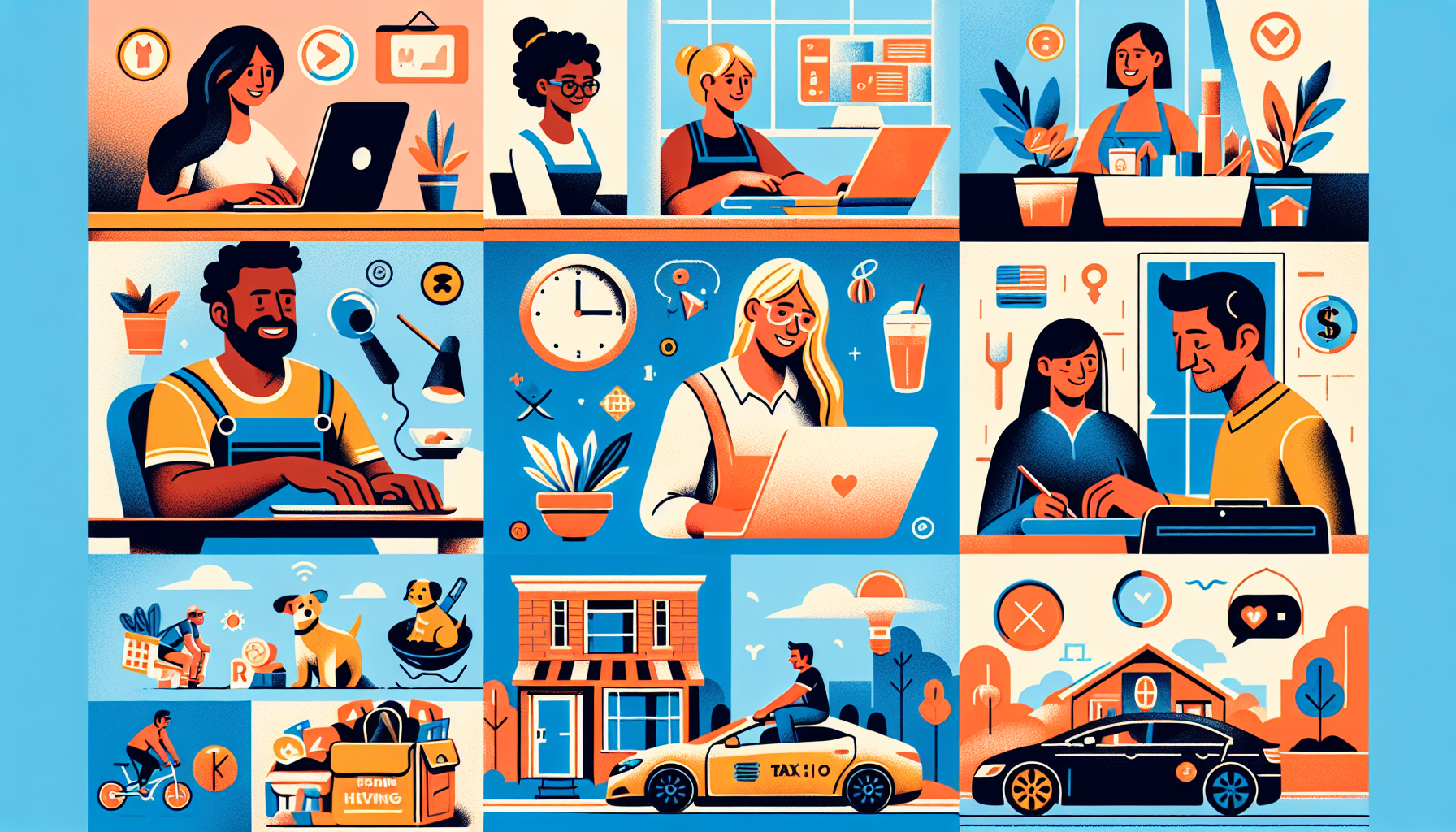 Prompt for DALL-E:

Create an image showcasing the top 10 quick side hustles that people can start today. The image should include icons or illustrations representing each side hustle clearly:
1. A person typing on a laptop to represent Freelance Writing and Editing.
2. A teacher and a student on a computer screen for Online Tutoring.
3. A person managing multiple tasks on a computer for Virtual Assistant Work.
4. A food delivery rider with a backpack delivering food for Food Delivery Services.
5. A car with a 