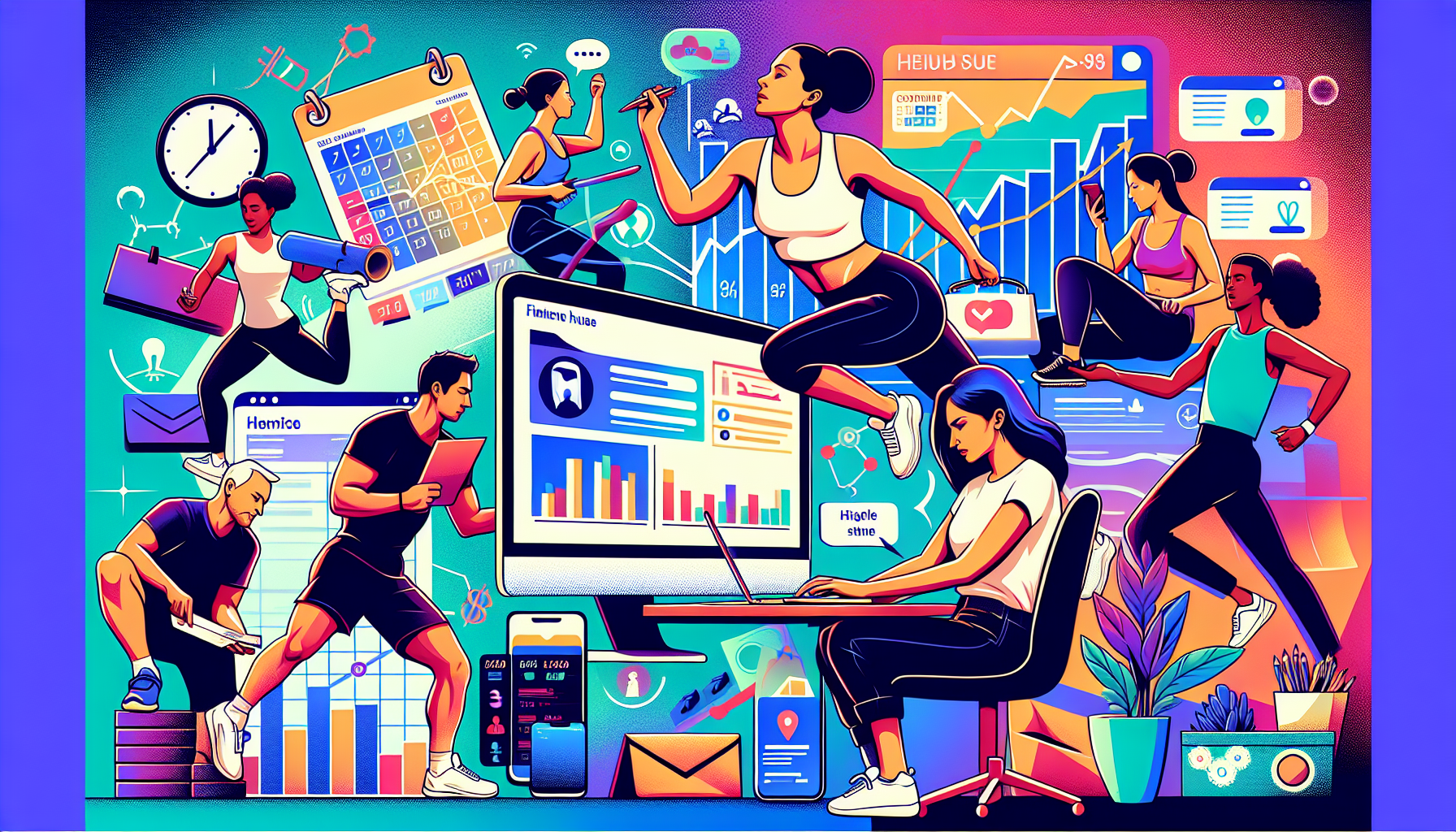 **DALL-E Prompt:** A dynamic and vibrant illustration depicting several individuals engaging in different side hustles simultaneously. One person is seen balancing freelance writing with a virtual assistant task on their computer. Another individual is coaching a fitness class while also receiving a notification on their phone about a new Airbnb booking. In the background, smart tools and resources like a calendar, productivity apps, and financial charts are visually integrated, representing effective time management and streamlined efforts. The atmosphere is energetic and bustling, symbolizing the efficient and multifaceted approach to maximizing earnings from quick side hustles.