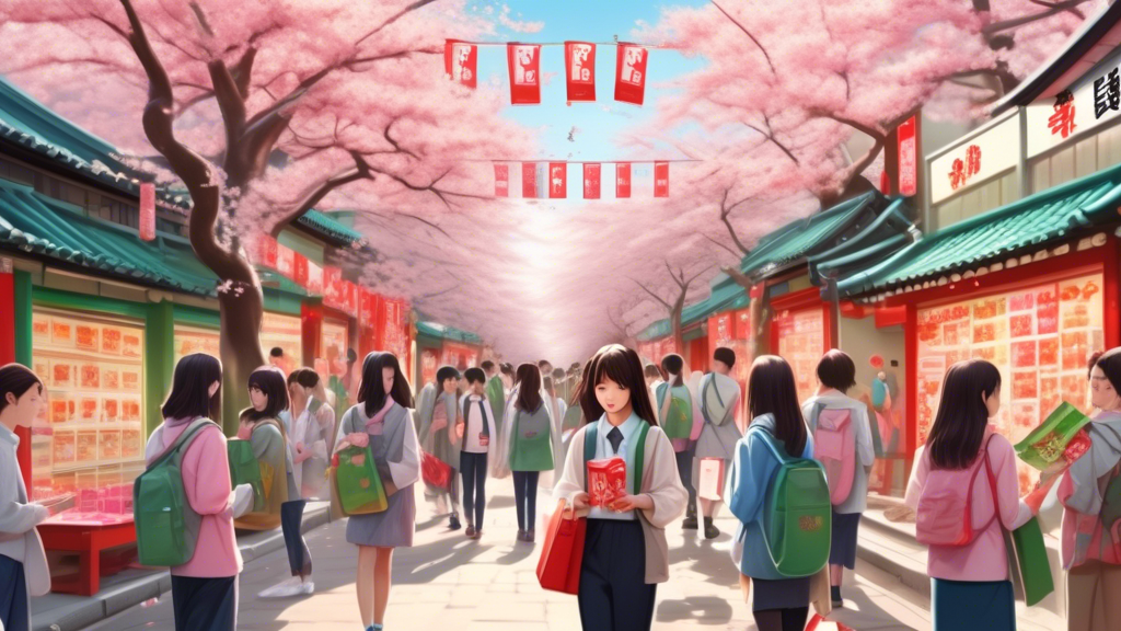 Image of a bustling Japanese street during exam season, with colorful banners of KitKat ads showcasing various flavors like matcha and sakura. In the center, a group of students exchange KitKat bars as gifts, symbolizing good luck, against a backdrop of cherry blossoms.