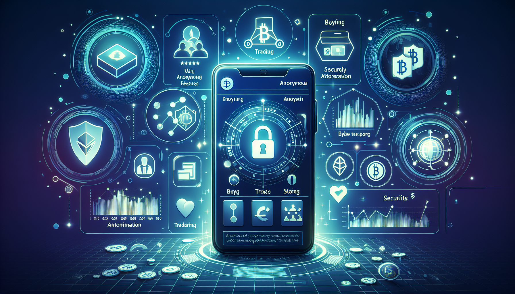 Create an image that showcases the functional capabilities of the Gemini Trading App. The scene should include a user-friendly interface on a smartphone screen displaying technical analysis tools like charts and indicators. Surrounding the phone, include visual elements representing buying, selling, and storing cryptocurrencies, and icons or symbols highlighting multi-level security and authentication features. The overall setting should convey innovation and user convenience in the context of cryptocurrency trading.
