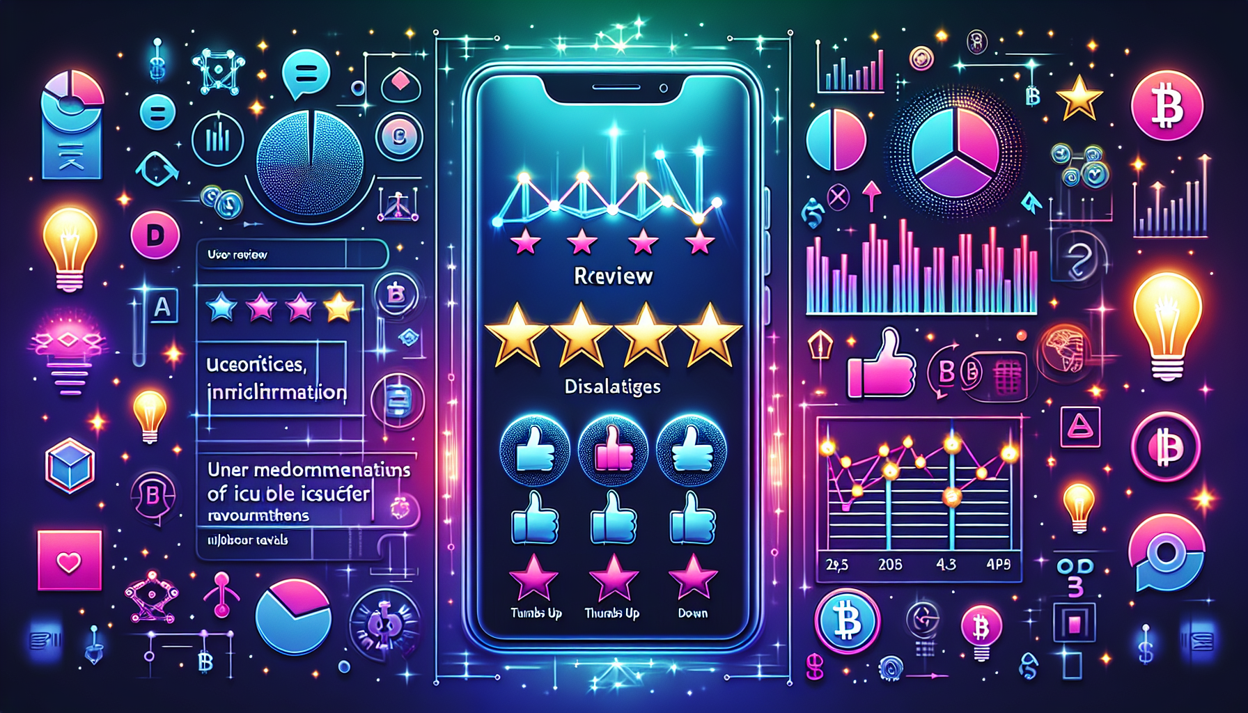 Create an image depicting a vibrant, modern digital interface on a smartphone screen, showcasing the Gemini Trading App. Include user review snippets with star ratings, thumbs up/thumbs down icons, and a balanced infographic showing comparison charts of pros and cons. In the background, add subtle elements like graphs, cryptocurrency icons, and light bulb symbols to represent user recommendations and tips for effective app usage.