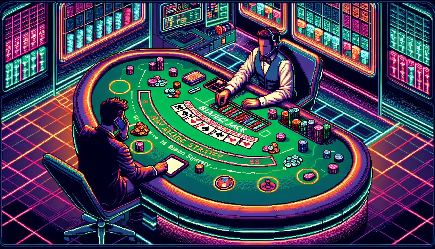 **DALL-E Prompt:**

Create an image that illustrates the concept of advanced blackjack strategies. The image should show a player at a blackjack table, with a close-up view of a Basic Strategy Chart laying next to their chips and cards. In the background, the dealer’s upcard should be visible, and the player could be using a subtle card counting technique like the Hi-Lo strategy, represented by a small notepad or a calculator app on a smartphone. The setting should be a lively casino, with ambient lighting that highlights the green felt table and the intensity of the game.