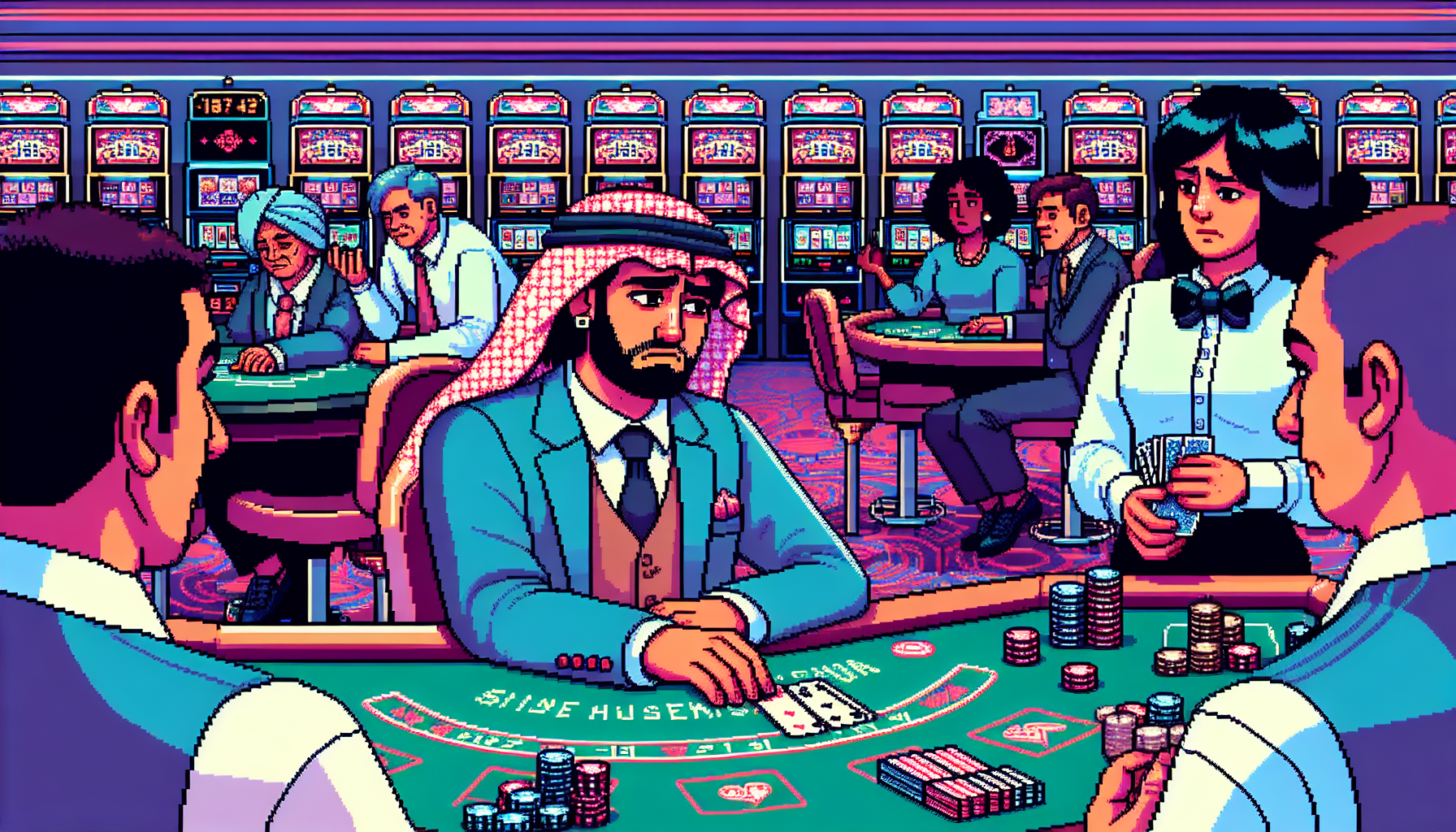 Create an illustration showing a frustrated blackjack player making common mistakes at a casino table. Depict elements such as placing an insurance bet, making side bets, and looking worried while holding cards. Include a dealer with an upcard and a calm player in the background who knows when to walk away. The casino environment should be clearly visible with other players and slot machines in the background to set the scene.