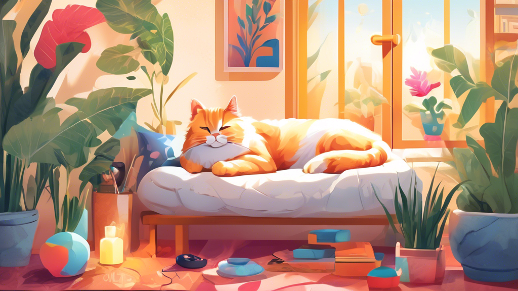 Create an image of a serene and comfortable cat environment, filled with soothing pheromone diffusers and cozy spots for resting. The scene should depict a content cat lounging peacefully, surrounded by various elements that promote relaxation and minimize stress, such as a comfortable cat bed, toys, scratching posts, and plants.