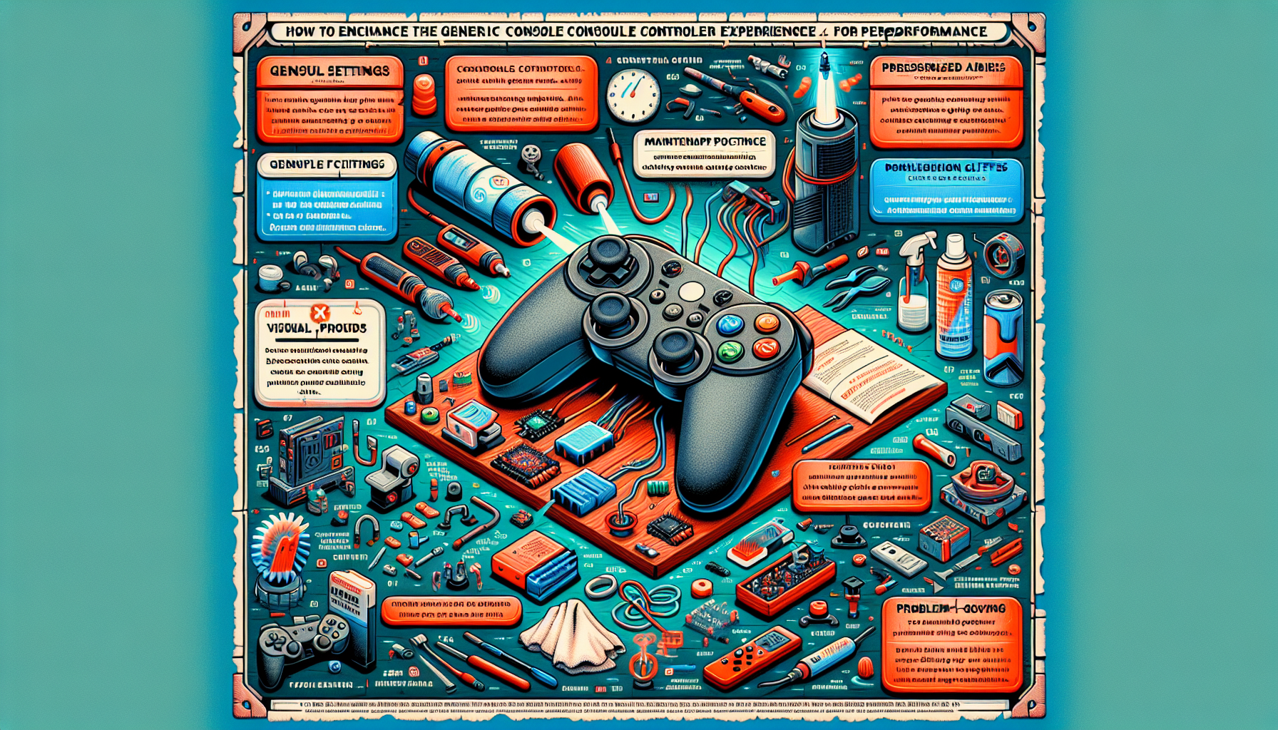 Prompt for DALL-E:

An instructional image showcasing how to optimize the PlayStation 4 controller experience. The image should include a detailed, step-by-step visual guide on configuring the controller through PS4 settings for optimal performance, cleaning tips with tools like soft cloths and compressed air, and a troubleshooting section illustrating solutions for common issues like connection problems and button malfunctions. The overall scene should be clear, organized, and visually engaging, making it easy for users to follow the instructions.

Keyword: playstation 4 controllers