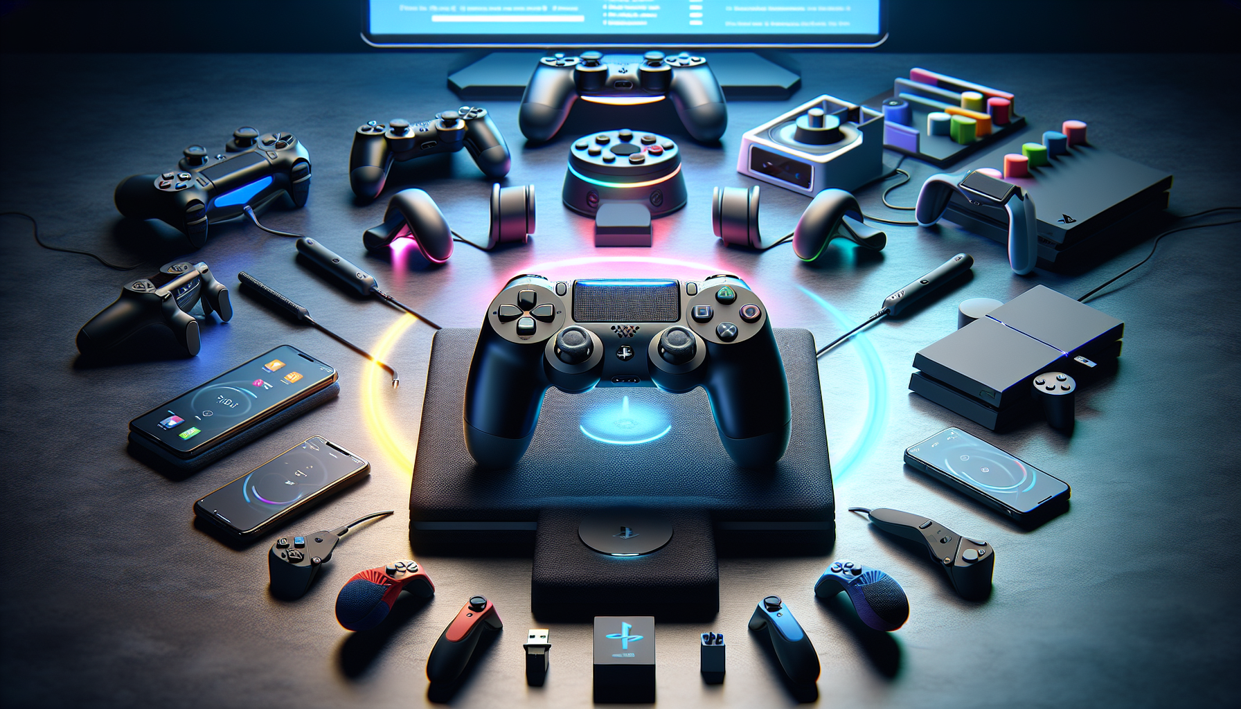 Dramatic and vibrant image of a PlayStation 4 controller surrounded by various accessories such as charging stations, colorful controller skins, and thumb grips, laid out neatly on a sleek, modern desk. The desk also has a laptop, a smartphone, and a gaming console showing the PS4 controller