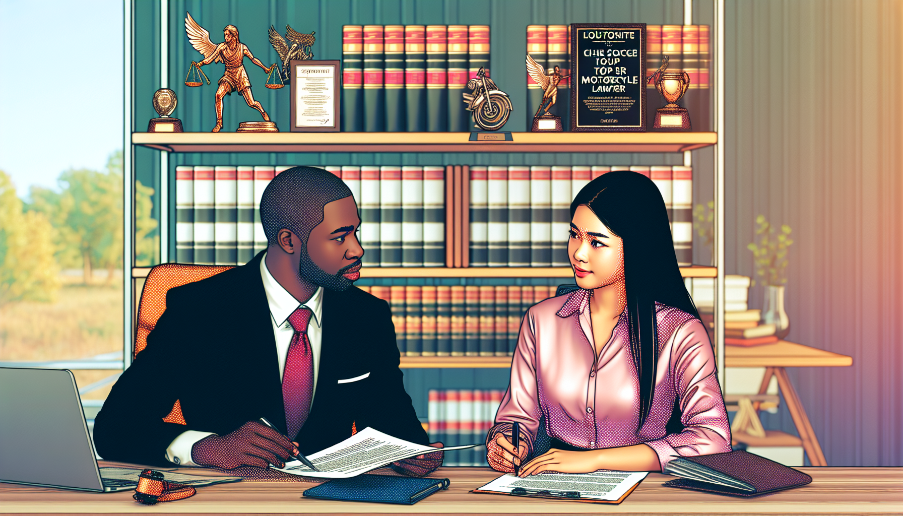 Visual depiction of a client sitting in a law office, attentively listening to a lawyer who is explaining documents to them. Surrounding the office are shelves filled with legal books and awards highlighting the lawyer