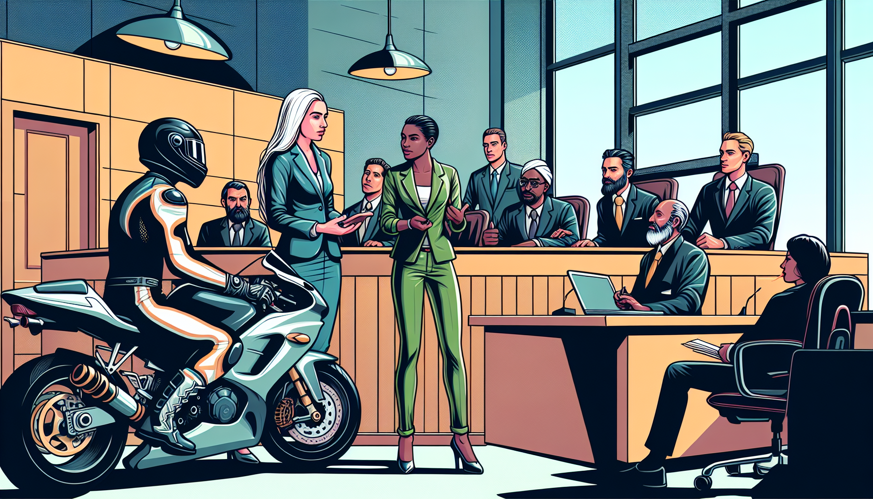 An experienced motorcycle injury lawyer in a courtroom, skillfully presenting a client