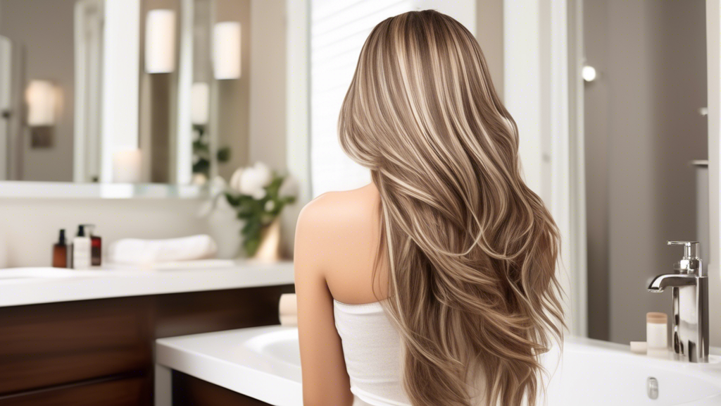 Create an image that showcases a vibrant, well-maintained head of hair with stunning ash blonde and brown highlights. Include an array of recommended hair care products, such as shampoos, conditioners, and hair masks, neatly arranged on a bathroom counter. In the background, depict a cozy, well-lit bathroom setting with common mistakes to avoid for hair maintenance subtly illustrated on a wall poster.