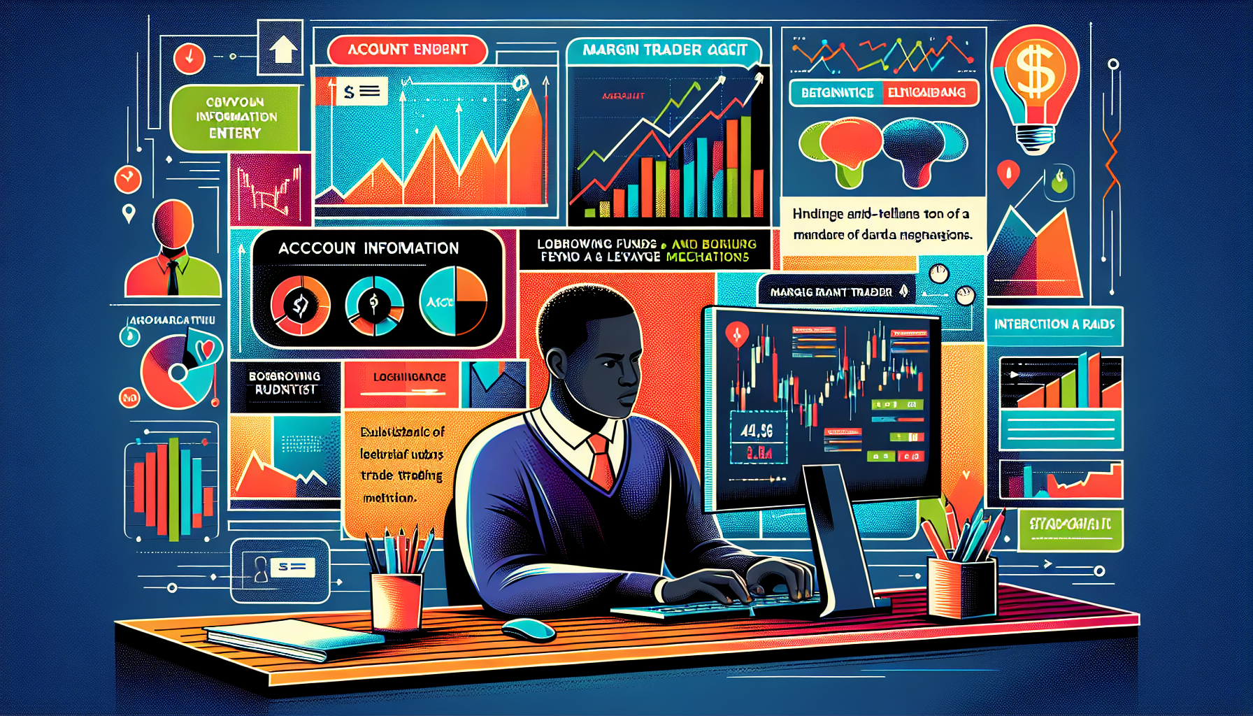 Create an illustration of a beginner margin trader sitting at a desk, opening a margin trading account on a computer. The scene should include a step-by-step infographic on the screen detailing the process: starting with filling out account information, moving to borrowing funds with a description of how leverage works, and finally, executing a trade with visual aids highlighting the steps. The background should feature elements of a financial market environment, such as stock charts, financial news screens, and graphs, to emphasize the trading context.