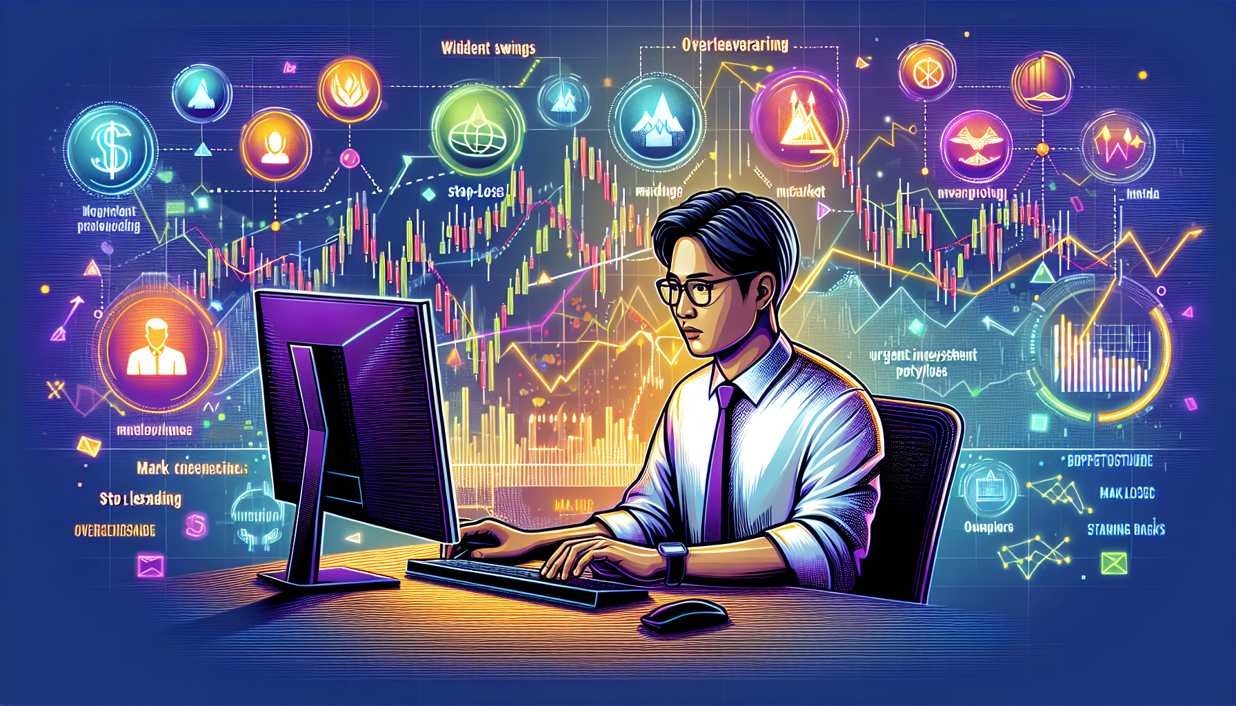 An illustration showing various risk management techniques in margin trading: A trader is depicted in front of a computer screen with charts and graphs, placing a stop-loss order. Surrounding the trader, icons and symbols represent potential risks such as market volatility, overleveraging, and margin calls, alongside tips and best practices like diversifying investments and regular monitoring. The background subtly includes visual elements of a financial market setting to highlight the trading environment.