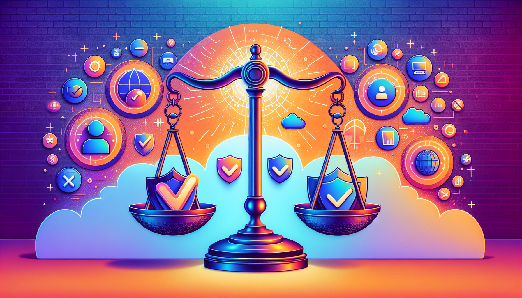 Create a digital art illustration portraying a balance scale. On one side of the scale, depict IPVanish with its logo and premium features highlighted. On the other side, show a variety of free VPN alternatives, each represented with different icons, logos, or symbols. Ensure that the benefits and drawbacks are visually represented on each side of the scale, such as a checkmark for pros and an X for cons. The background should be minimalistic to keep the focus on the comparison. Include text labels like IPVanish and Free VPN Alternatives to make the concept clear.