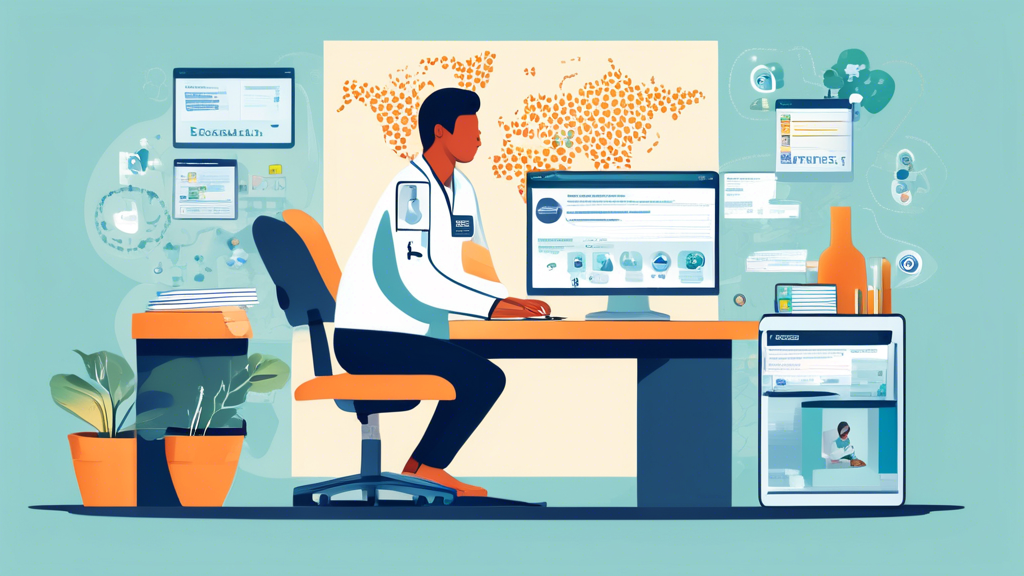 Create a DALL-E image prompt for:An illustrated scene of a person using a computer at a desk to search for a DOT Certified Medical Examiner near them. The computer screen displays a webpage with a search bar and a map highlighting nearby locations. Surrounding the person are various icons representing online reviews, credentials, referrals, and health facilities to symbolize different search methods. The setting is a modern, well-lit office with motivational posters on the walls.