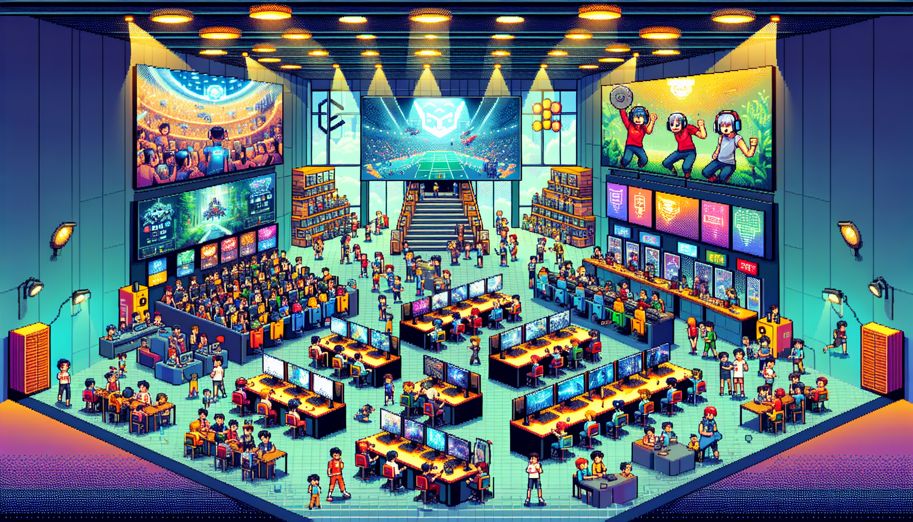 Prompt for DALL-E:

A vibrant gaming café filled with enthusiastic gamers participating in a local video game tournament. The café is outfitted with rows of high-quality gaming PCs and consoles, colorful LED lights, and large screens displaying the current matches. Various types of venues are portrayed in a collage—an active community center with gamers gathered around, and a bustling university hall hosting an esports event. The scene is energetic and inclusive, highlighting the community spirit and excitement of local video game tournaments.