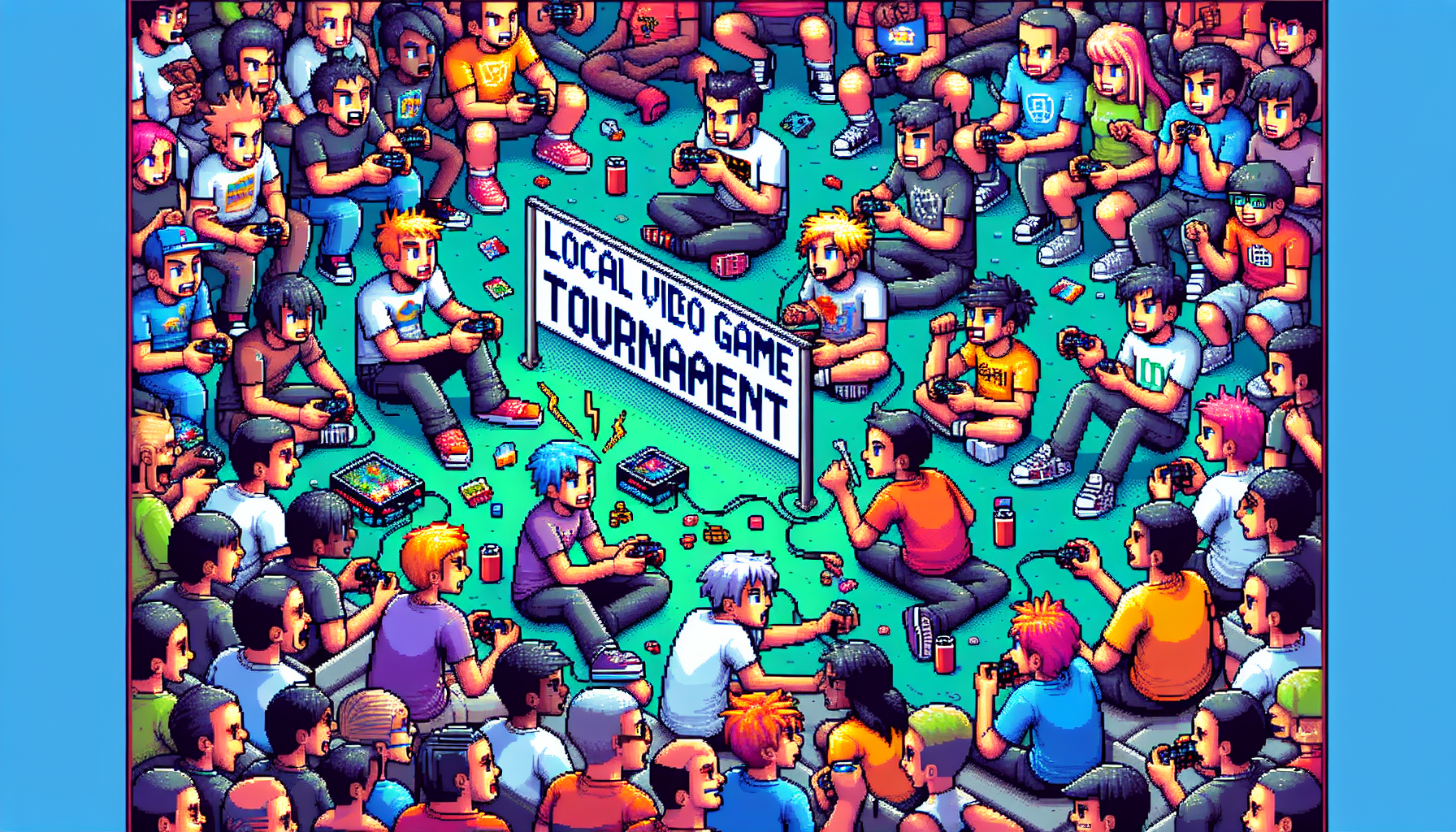 A vibrant and energetic scene at a local video game tournament, with players intensely focused on various gaming setups. Some spectators are cheering while others are discussing strategies. Close-up shots capturing the excitement on players