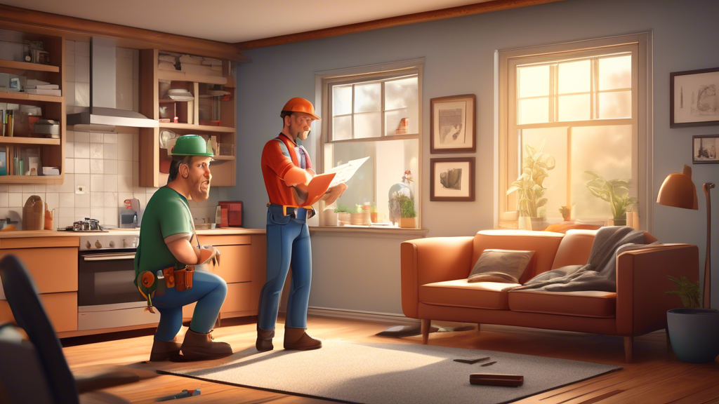 A detailed illustration showing a professional plumber explaining repair costs and duration to a homeowner in their living room. The plumber is showing a detailed estimate sheet with a breakdown of costs and repair timelines, including factors like the extent of damage and types of repair needed. The background shows home elements like a bookshelf and a window with a cozy atmosphere, emphasizing transparency and trust. Text overlays highlight keywords such as repair costs, repair duration, and transparent billing practices.