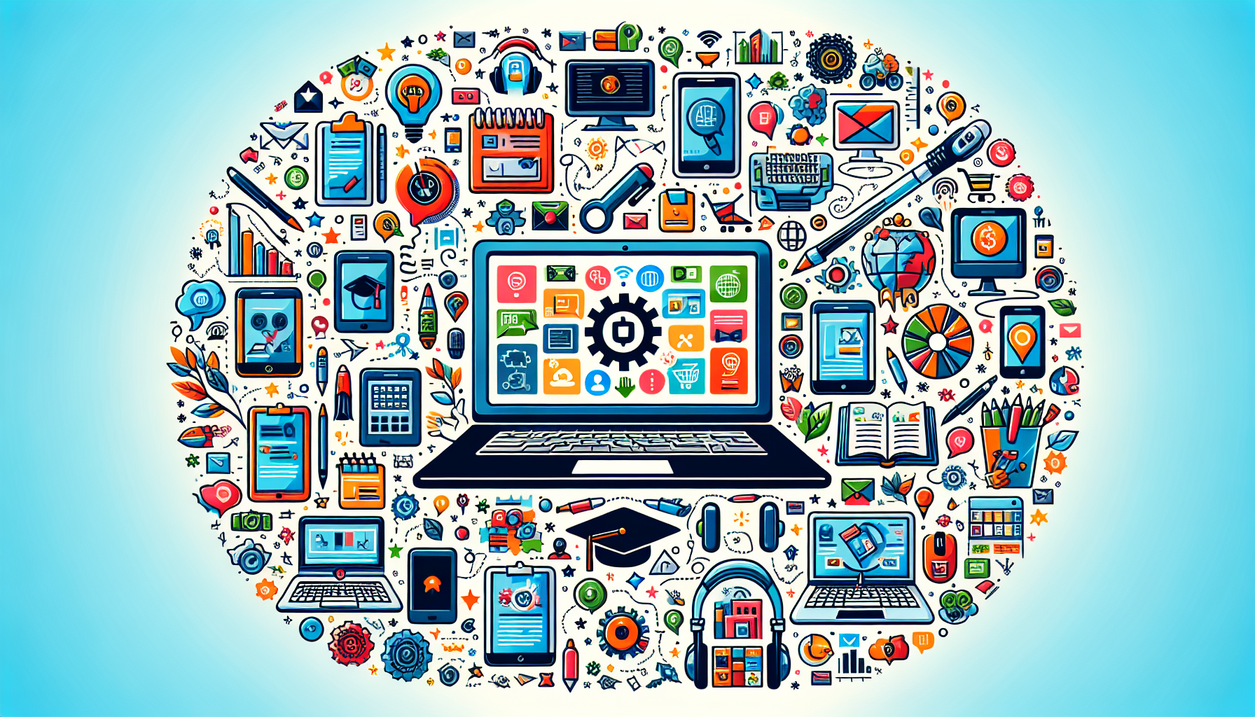 Prompt for DALL-E:

Create an image showing various online side hustles, depicted as icons or symbols, arranged around a central laptop. The icons should represent freelance writing (pen and paper), blogging (keyboard or pencil and notebook), e-commerce/dropshipping (shopping cart), online tutoring/course creation (books and a graduation cap), and remote customer service/virtual assistance (headset). The central laptop should display a screen with an online marketplace or dashboard interface.