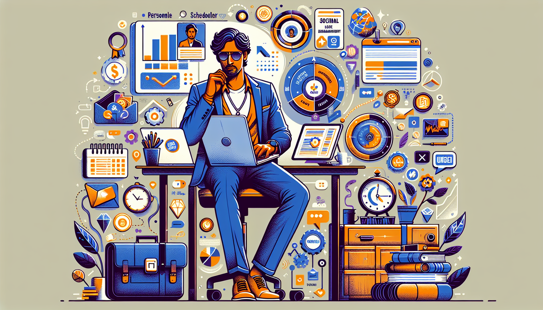 Create an image that illustrates **Maximizing Your Earnings: Tips and Strategies for Online Side Hustles**: 

Prompt: A vibrant digital illustration showing a person working at a desk surrounded by various online hustle tools like a laptop, smartphone, and planner. The background highlights concepts like personal brand promotion on social media, time management with a calendar, and skill development with books and online course icons. The scene should exude productivity and growth, with charts and graphs symbolizing increasing earnings. Elements of a personal website and social media profiles should be subtly integrated into the design to emphasize building an online presence.