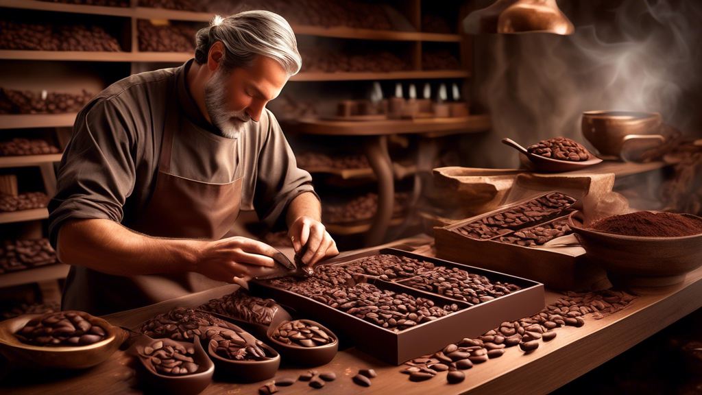 Artisan chocolatiers hand-selecting and roasting cacao beans in a rustic chocolate workshop, meticulously pouring and shaping molten chocolate into elegant molds, surrounded by shelves of rare cacao varieties and exclusive packaging materials, capturing the essence of luxury chocolate making.