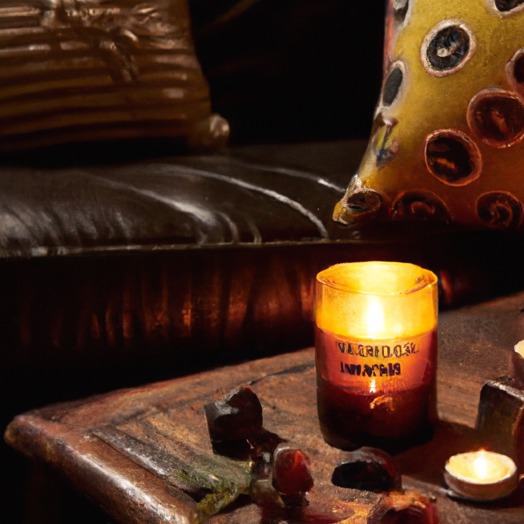 A beautifully lit, cozy living room showcasing a New Zealand scented candle on a rustic wooden coffee table. The candle is surrounded by native New Zealand ingredients such as Manuka honey, Pohutukawa flowers, and Kowhai blossoms. The scene highlights the artisanal craftsmanship and eco-friendly design with natural soy wax and sustainable packaging. Soft, ambient lighting emphasizes the luxurious quality and therapeutic benefits of the authentic fragrances.